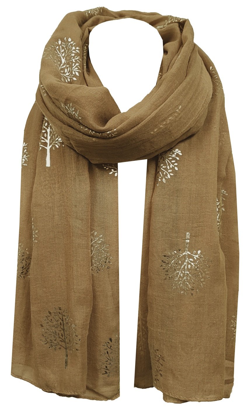 World of Shawls Silver Foil Mulberry Tree Print Fashion Scarf (Gold)