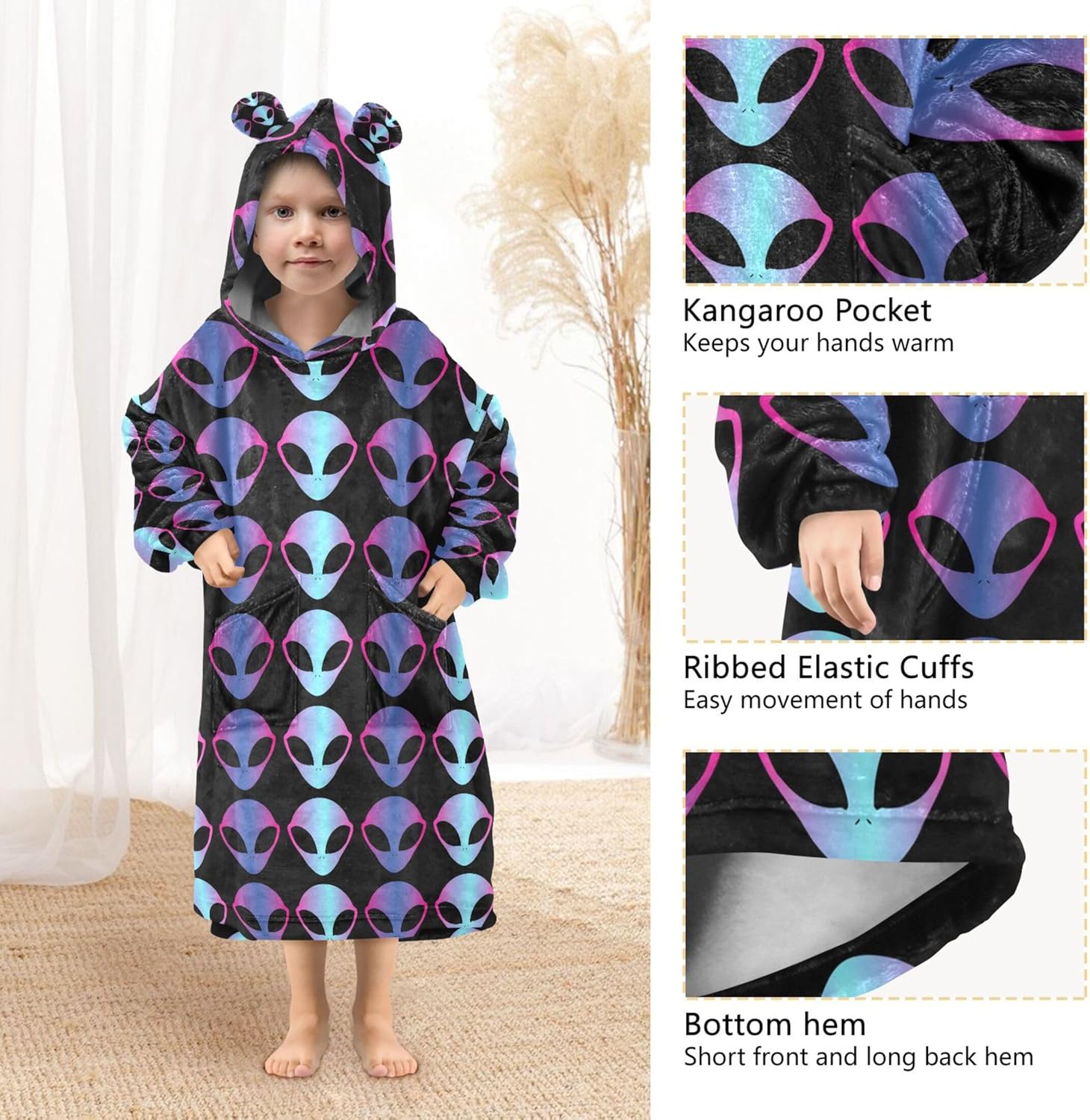 Aliens Kids Wearable Blanket Hoodie with Pocket and Sleeves for Toddlers, Cute Hoodies 3-14 Year Girls Boys B0405241