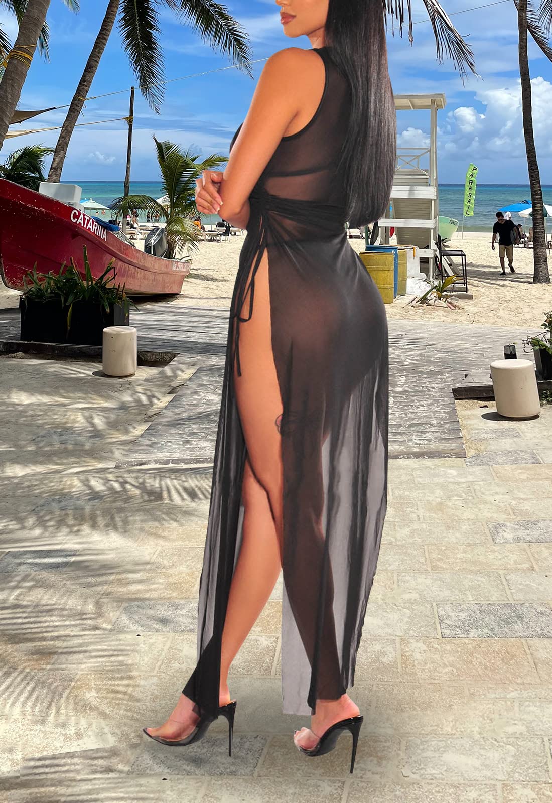 Women's Swimsuit Beach Bikini Cover up Sheer Mesh Dress Sexy See Through Mesh Tops Beachwear