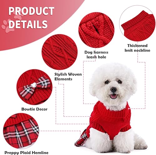 Miniatura 3 de WOYYHO Vestido de suéter para perro para el día de San Valentín con corbatín, falda plisada con agujero para la correa, cuello alto, suéter de punto