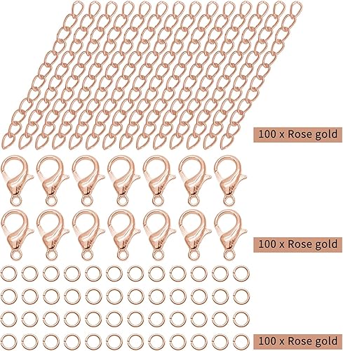 Miniatura 2 de 100 cierres de langosta de aleación+100 cadenas de extensión con 100 anillos de salto, cierre de pinza de langosta de oro rosa, cadena de cola