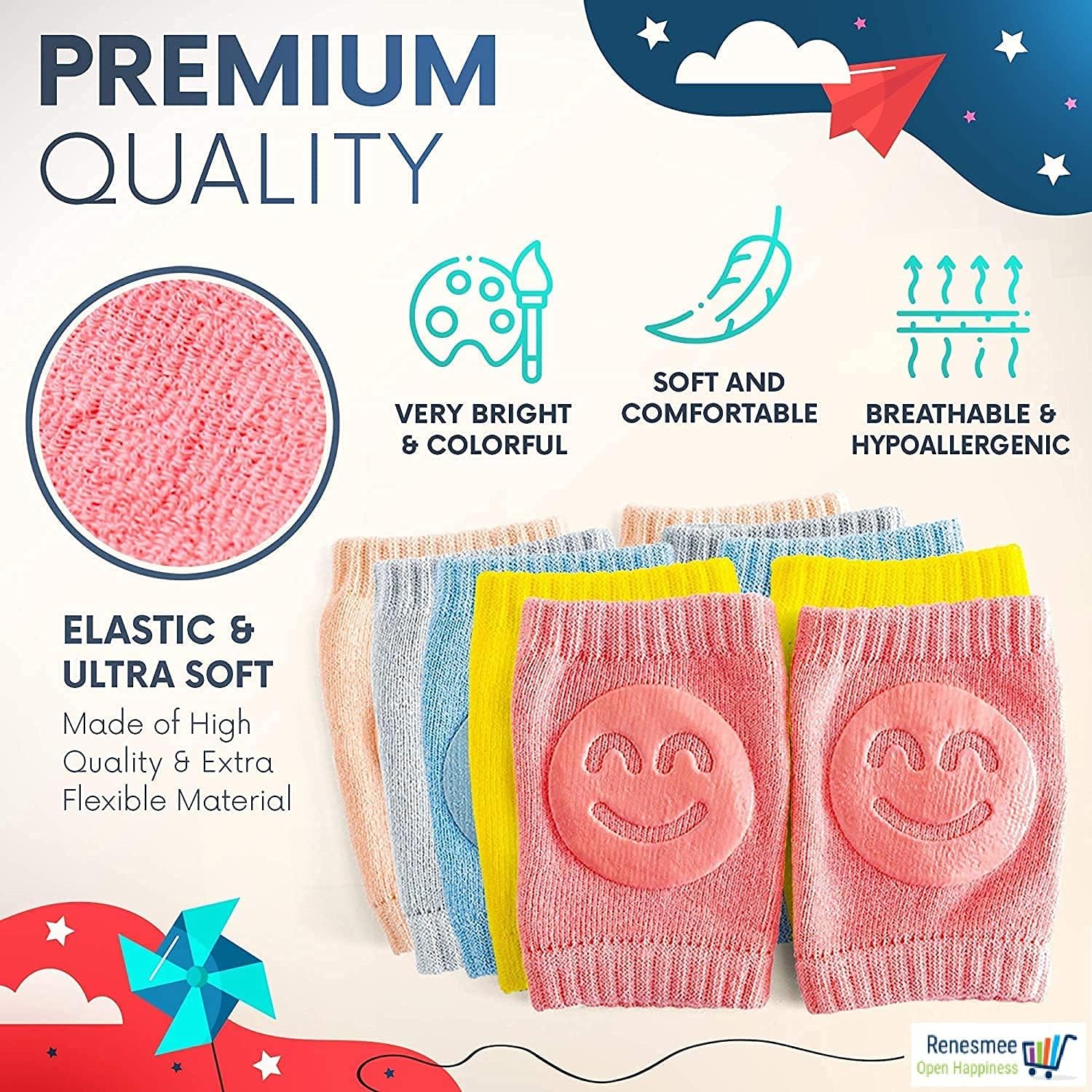 Chavda Set of 2 Pairs Baby Knee Pads for Crawling, Elbow Safety Protector, Stretchable Anti-Slip Padded Elastic Soft Breathable Comfortable Knee Cap for Kids (Multi Color) 2