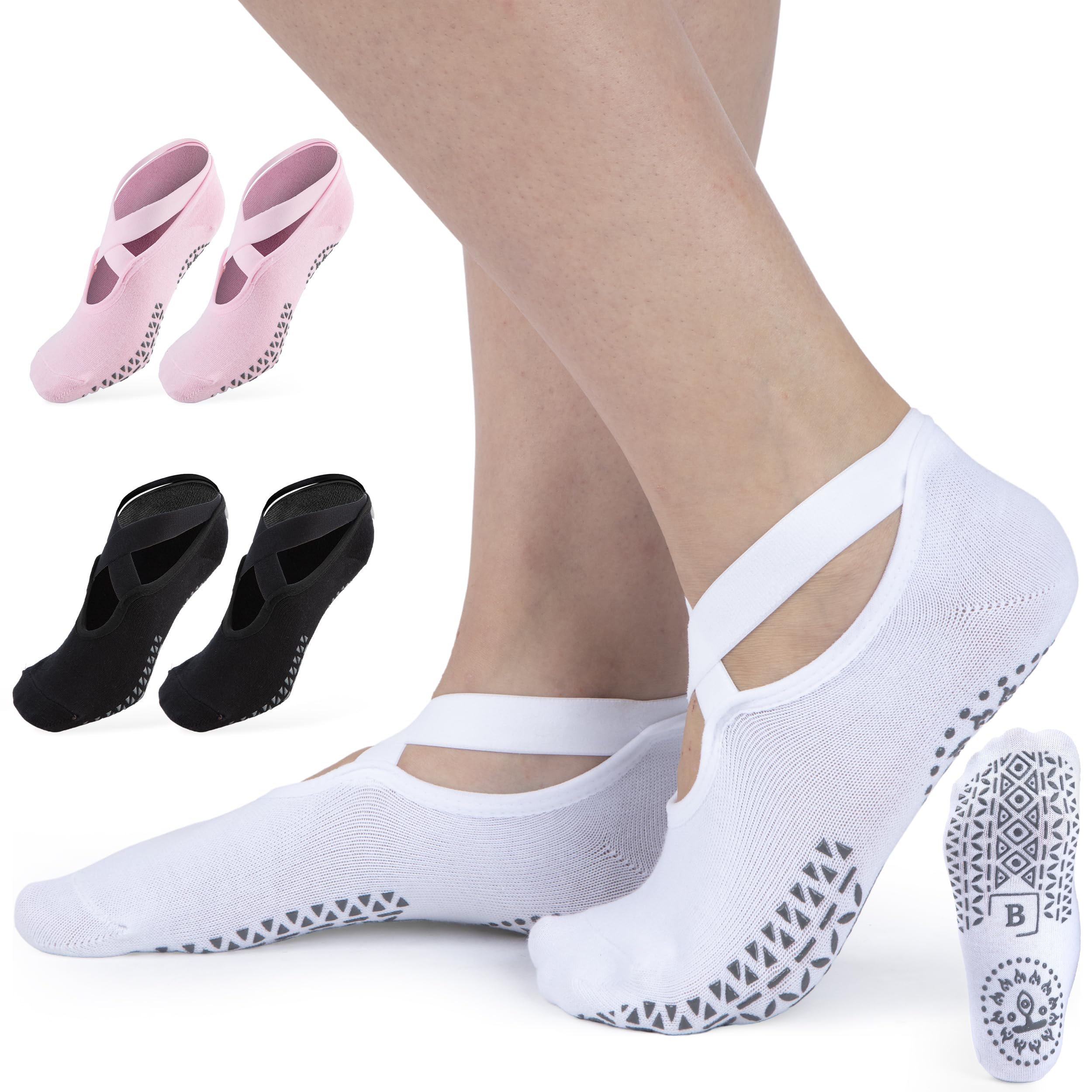 Pilates Grip Socks with Straps for Women - 3 Pairs of Non-Slip Grip Socks, in White, Black, and Pink for Yoga, Barre, Pilates, Dance, and Fitness Workouts