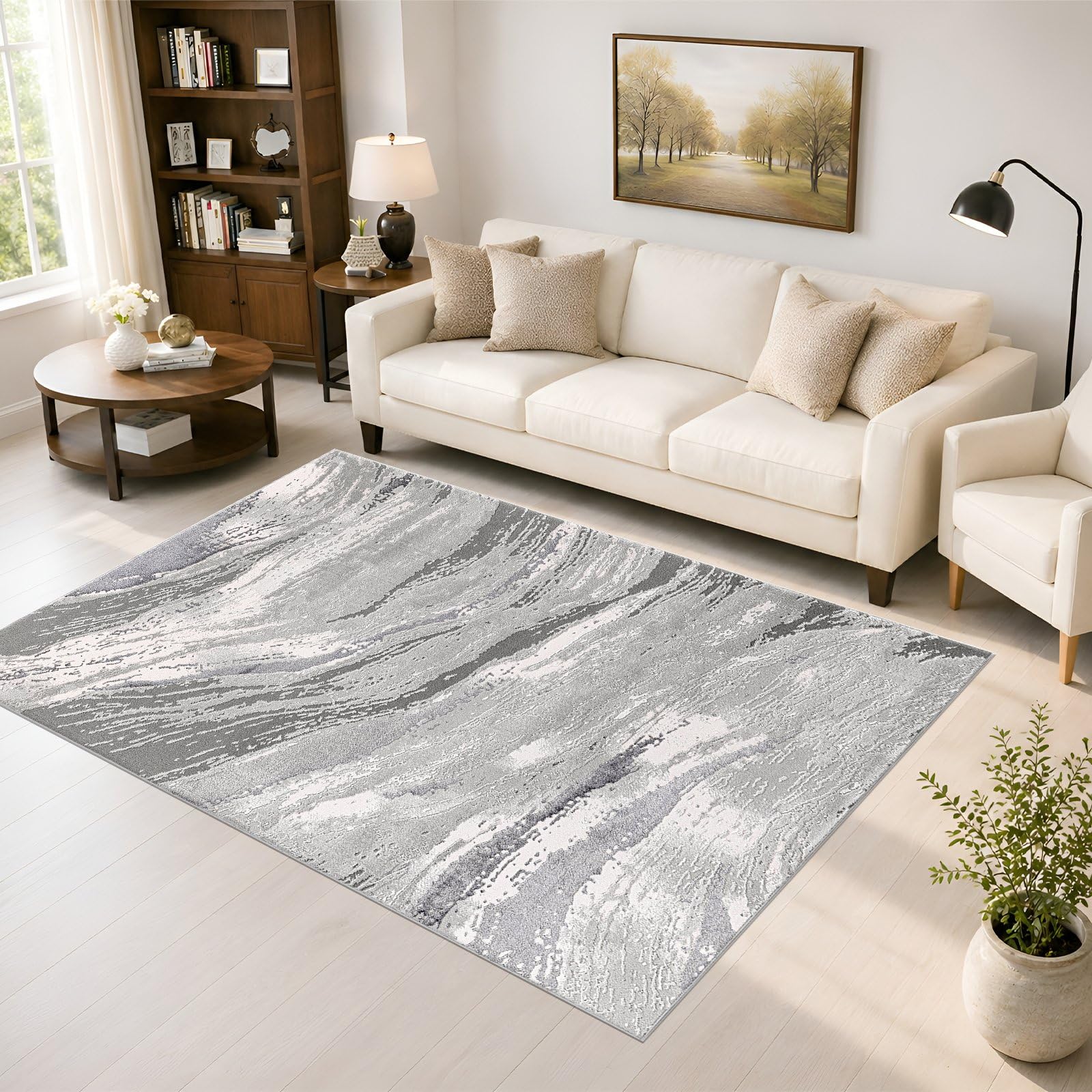 renoazul® Jute Back Big Rugs For Living Room - Jeze Abstract Grey Rug - 160 x 230 cm - Washable Sitting Room Rugs For Bedroom, Fireside and Lounge