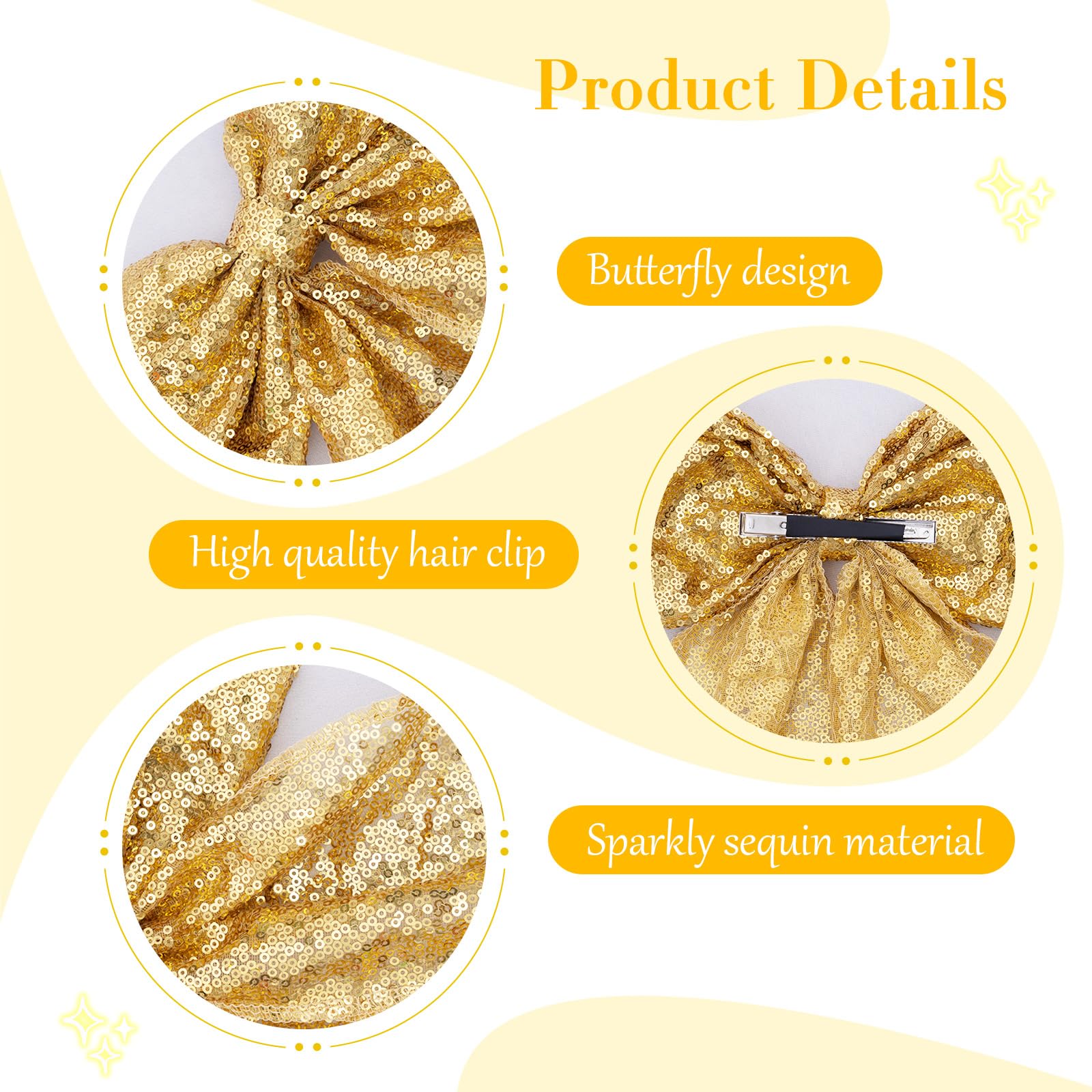 Eternal Beauty Sequin Bow Hair Clip Big Hairpin French Solid Color Barrette Soft air Bowknot Accessories for Women Girls 2Pcs (Silver and Amber Gold) - Image 3