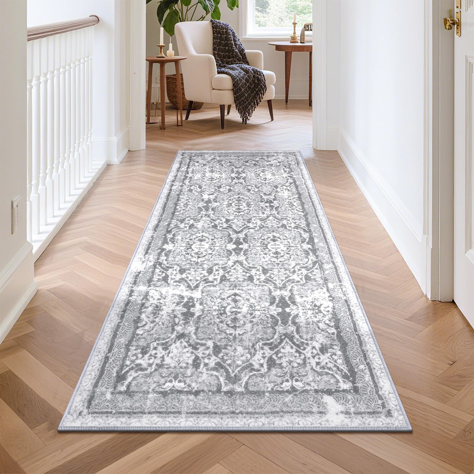 Enyhom Carpet Runner Rugs for Hallway 60 x 180cm Non Slip, Machine Washable Boho Hallway Runners Extra Long Kitchen Runner Super Soft Carpet Rug for Living Room Entryway Laundry Room, Grey
