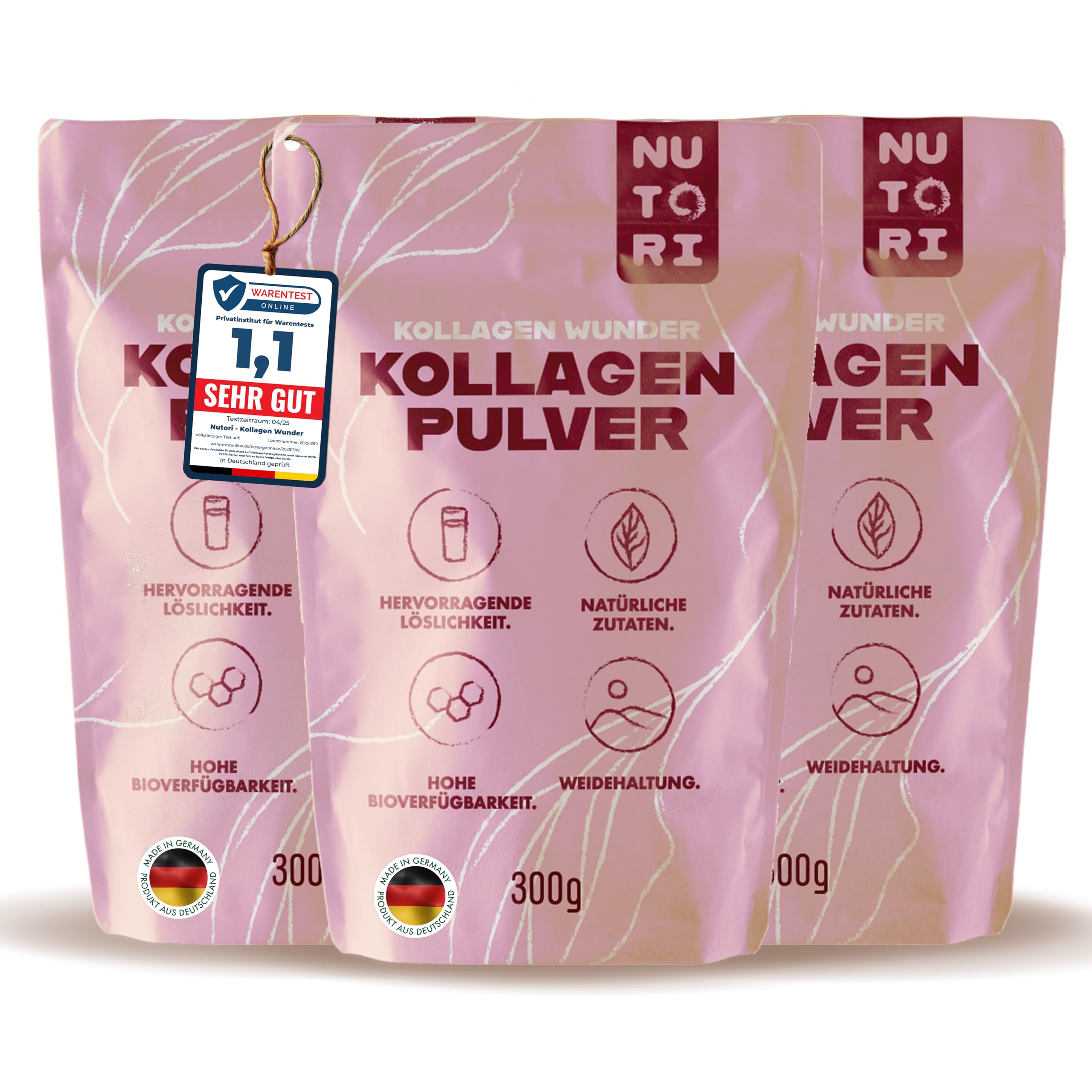 Nutori Kollagen Wunder - Kollagen Pulver 300 g - Geschmacksneutral - Typ I & III - Hydrolysat Peptide - Weidehaltung - Made in Germany - 3 Stück