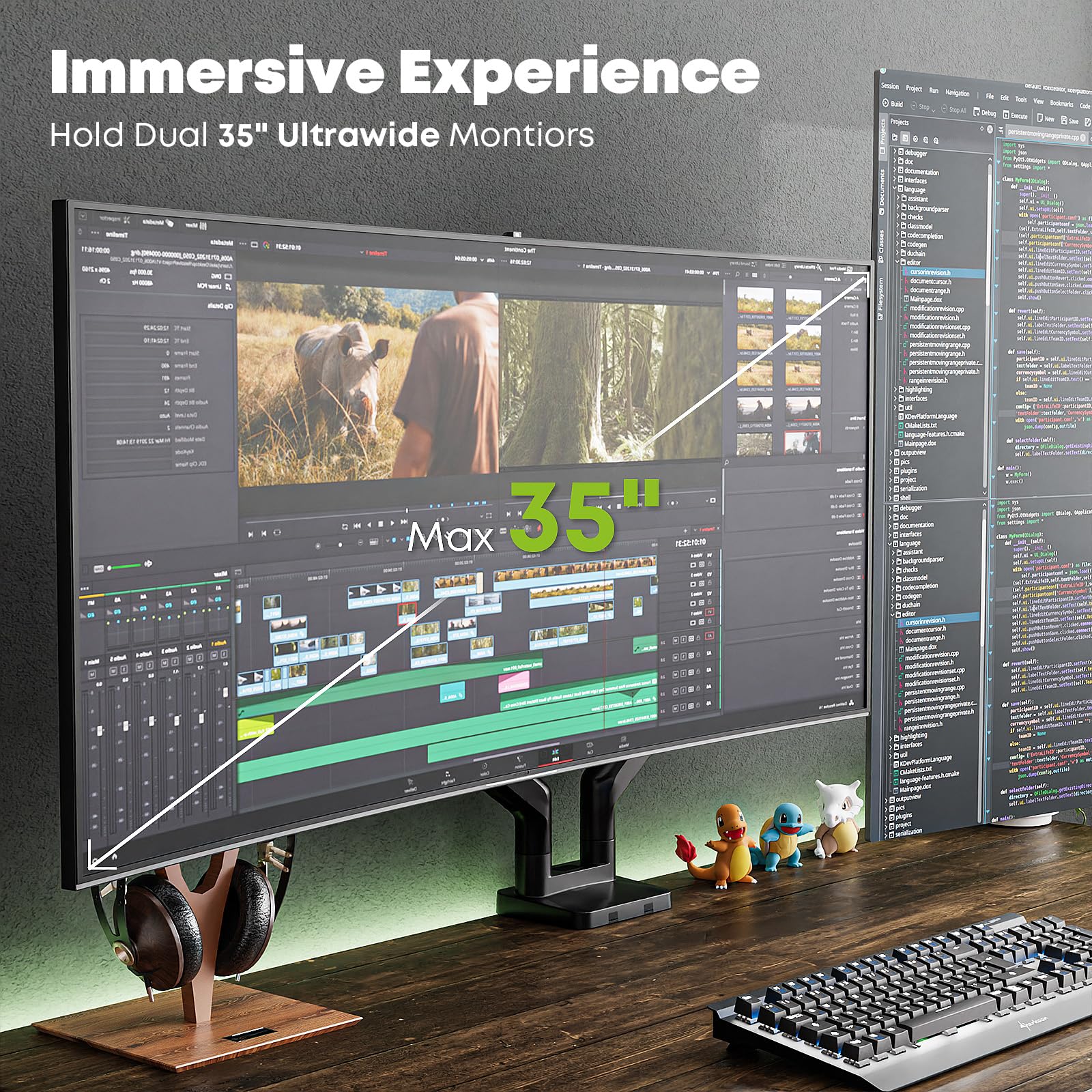 Doppio braccio per monitor per schermi da 17"-35", supporto per monitor per impieghi gravosi con 16 kg per braccio, rotazione e inclinazione regolabili in altezza, VESA 75/100 mm