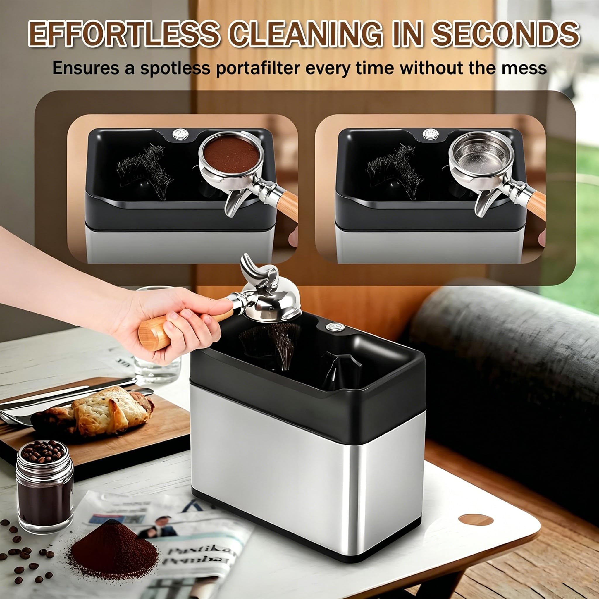 Máquina de Limpieza de Portafiltros Eléctrica, Limpiador Automático de Posos de Café con 3 Raspadores y 2 Cabezales de Cepillo para Hogar o Cafetería Comercial Silver