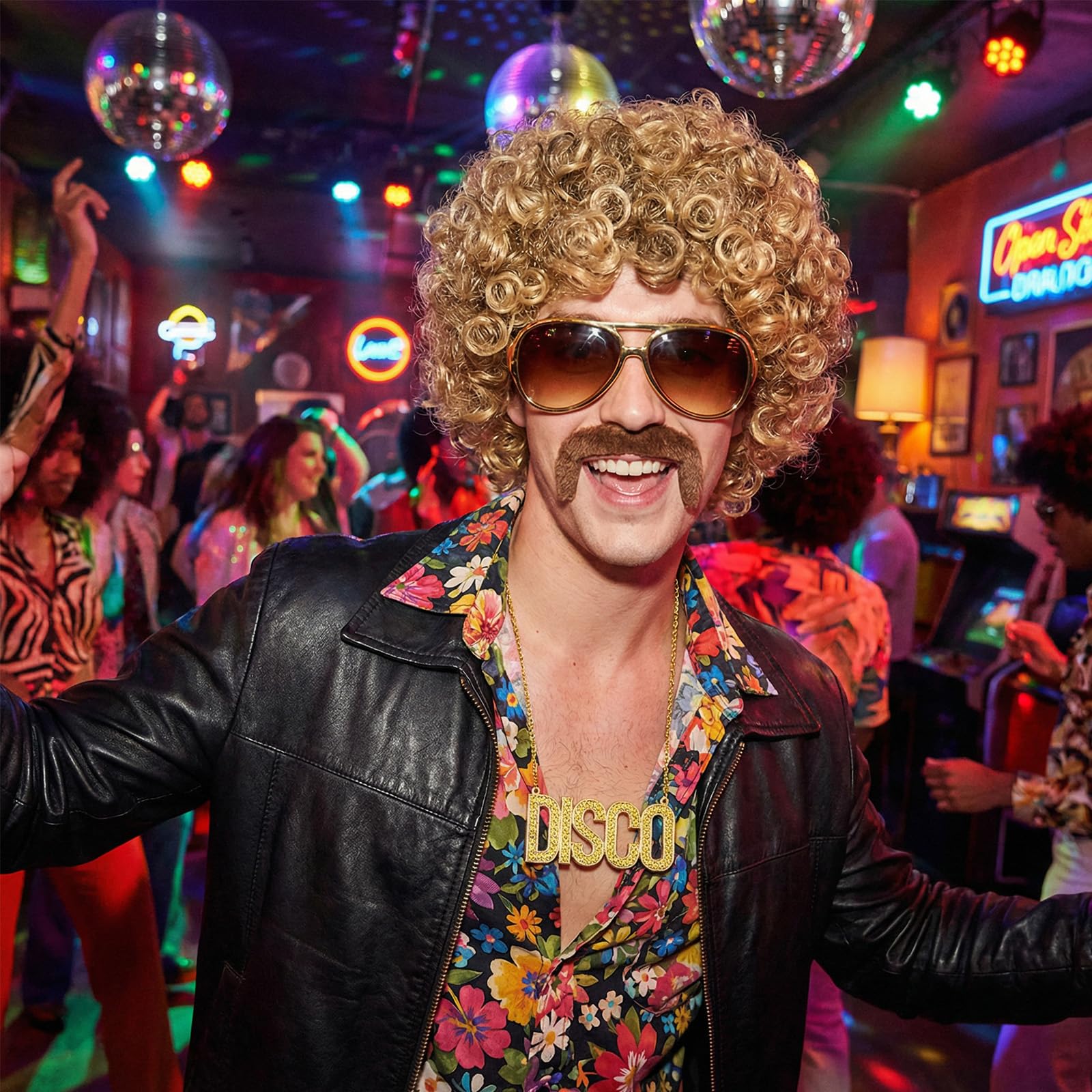 5-częściowy zestaw męskich peruk z łańcuszkiem, brodą i okularami w stylu lat 70-tych i 80. Disco Dude Dirt Bag, peruka hipisowska, kostium w stylu hipisowskim, akcesoria na karnawał, cosplay i