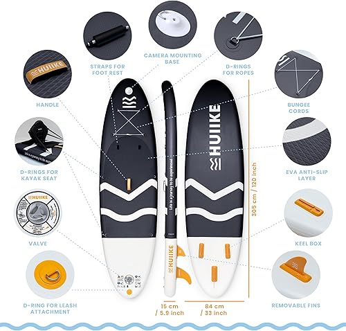 Miniatura 37 de HUIIKE Tabla de remo inflable para adultos con accesorios incluidos, remo, aletas, bomba. Tabla de remo de pie, gran estabilidad y resistencia. 10