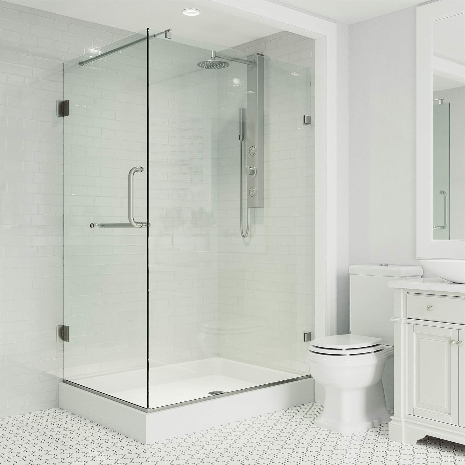 VIGO Pacifica 48 in. L x 36 in. W x 79 in. H Frameless Hinged Shower Enclosure Kit in Brushed Nickel with 3/8 in. Clear Glass-VG6012BNCL36WR