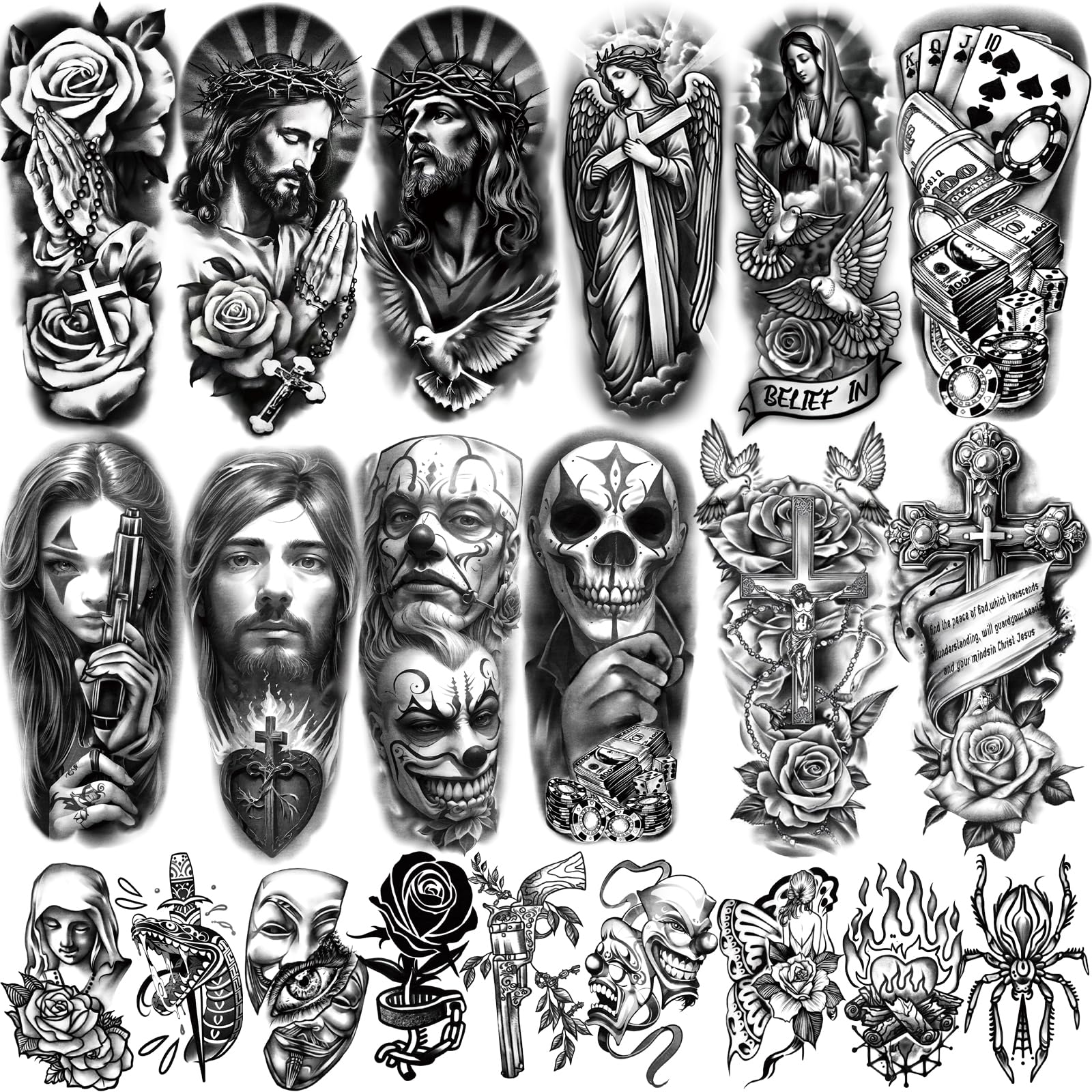 77 Sheets Christian Chicano Temporary Tattoos Adult Men Women Jesus Christ Religious Cholo Lowrider Fake Tattoos Stickers