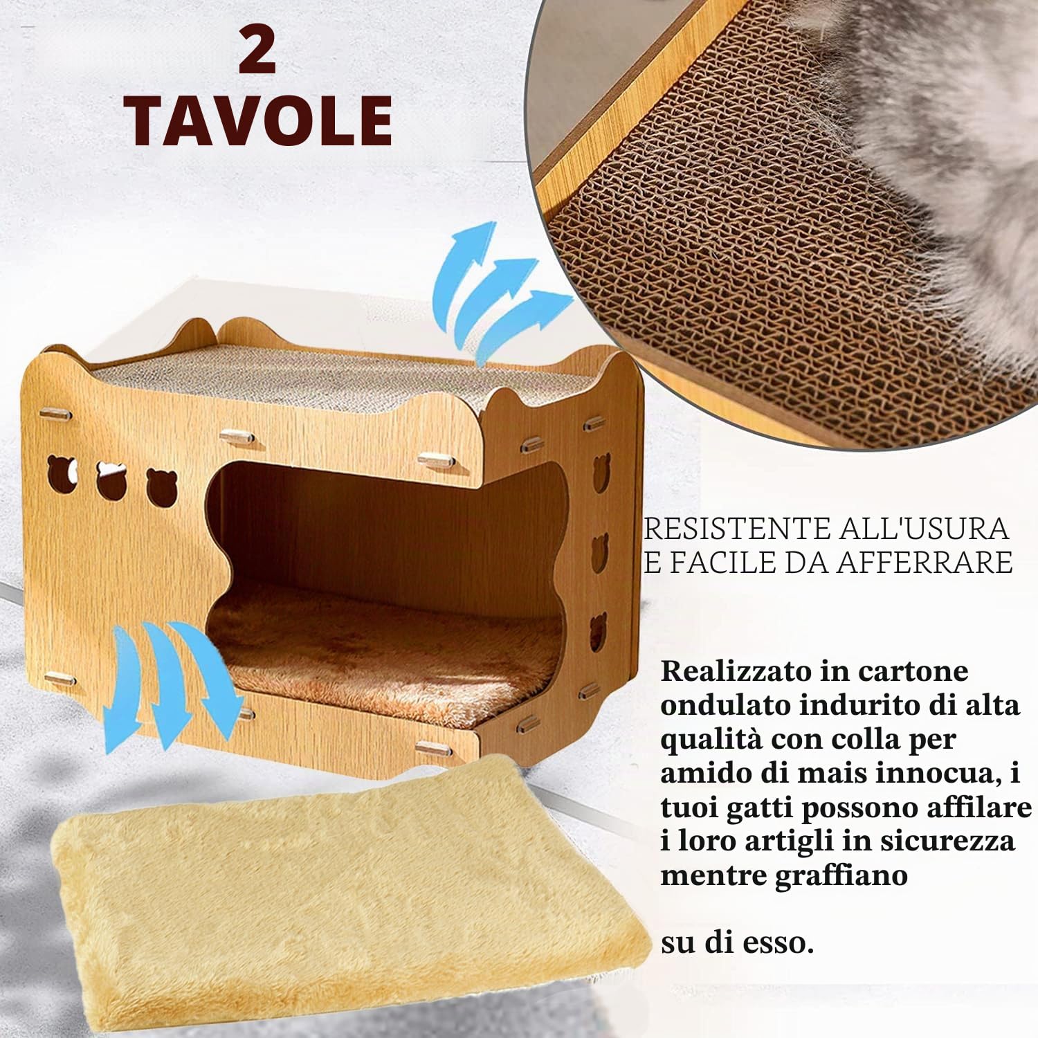 Tiragraffi cartone,Cuccia gatto,di legno Casetta per gatti,lungo：45cm，Larghezza：28cm，alto：30cm,2 che affilano gli artigli, Trespolo per,Tappetino tiragraffi per gatti.