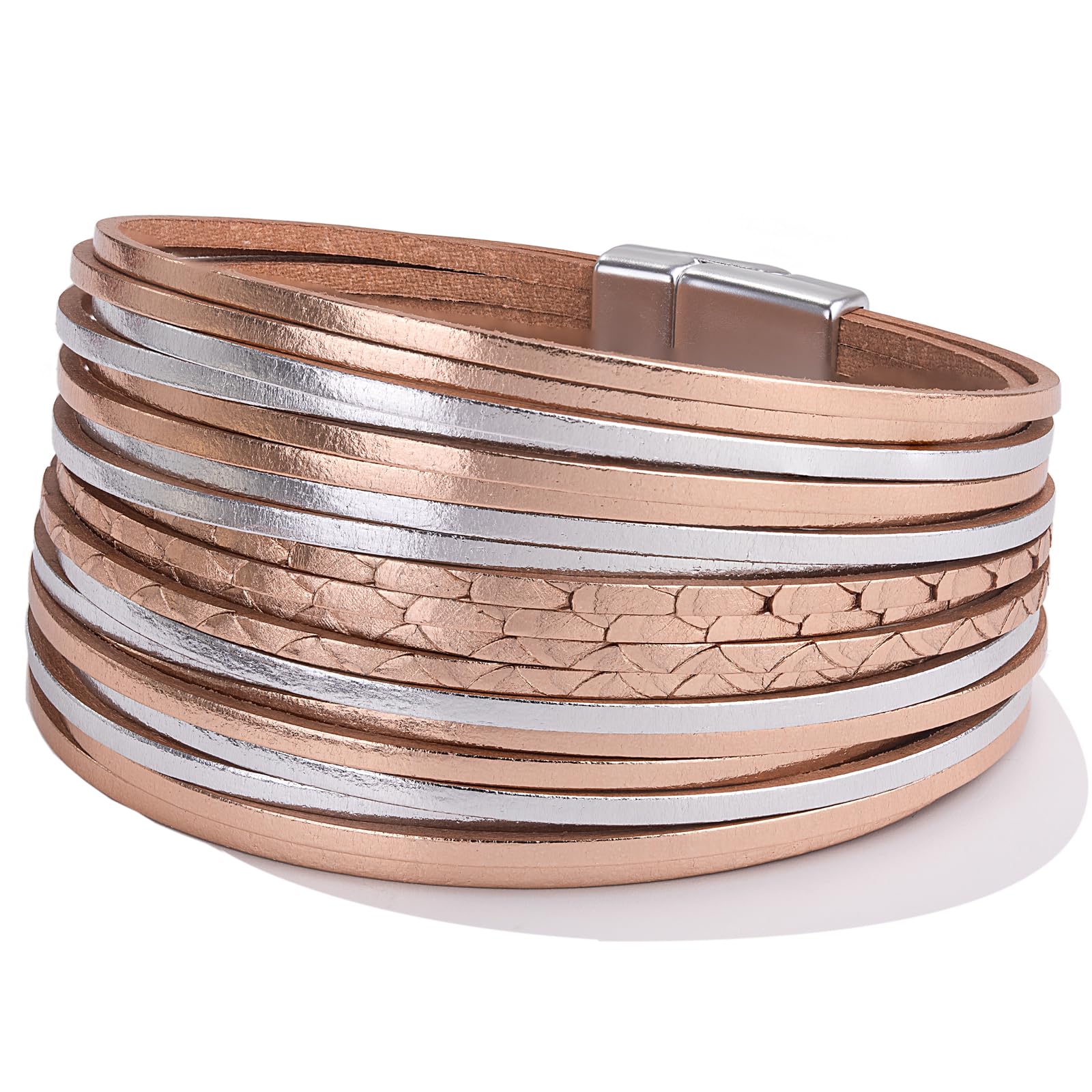 FANCY SHINY Boho Leather Wrap Bracelet Stackable Layered Bangle Cuff with Magnetic Clasp