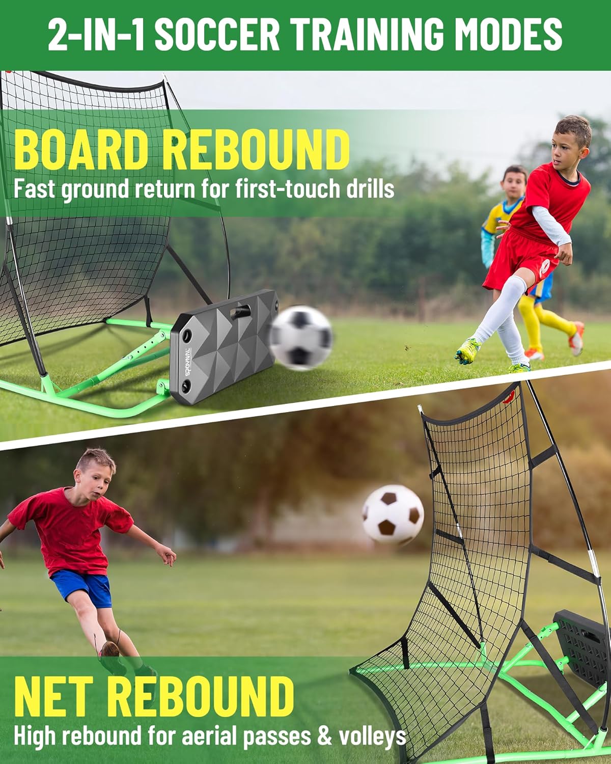 2-in-1 Soccer Rebounder with Adjustable Dual-Sided Rebound Board, Soccer Rebounder Net for Passing, Volleys & Ground Drills, Soccer Training Rebound Net for Solo & Team Practice
