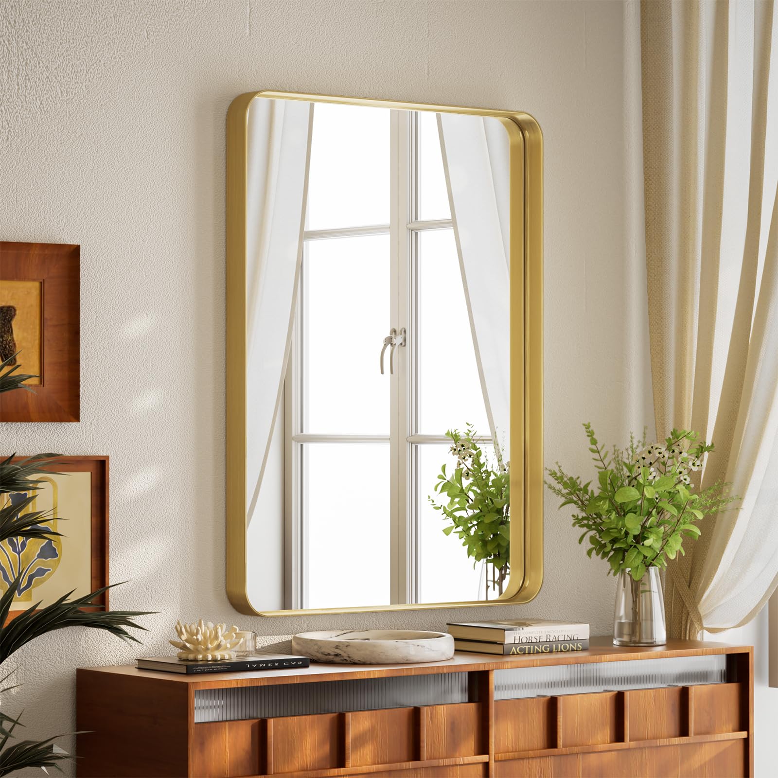 BEAUTYPEAK 20" x 30" Wall Mounted Vanity Mirror, Deep Frame, Nano-strengthened Glass, ShatterVue Technology, Gold