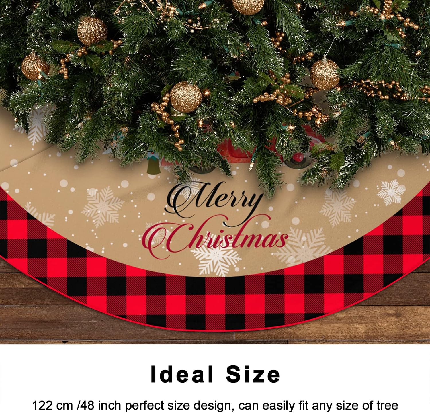 Christmas Tree Skirt, 48 Inch Red Truck Xmas Tree Skirt with Red Black Buffalo Plaid Edge, Rustic Vintage Farmhouse Christmas Decoration Ornaments for Merry Christmas Holiday Party
