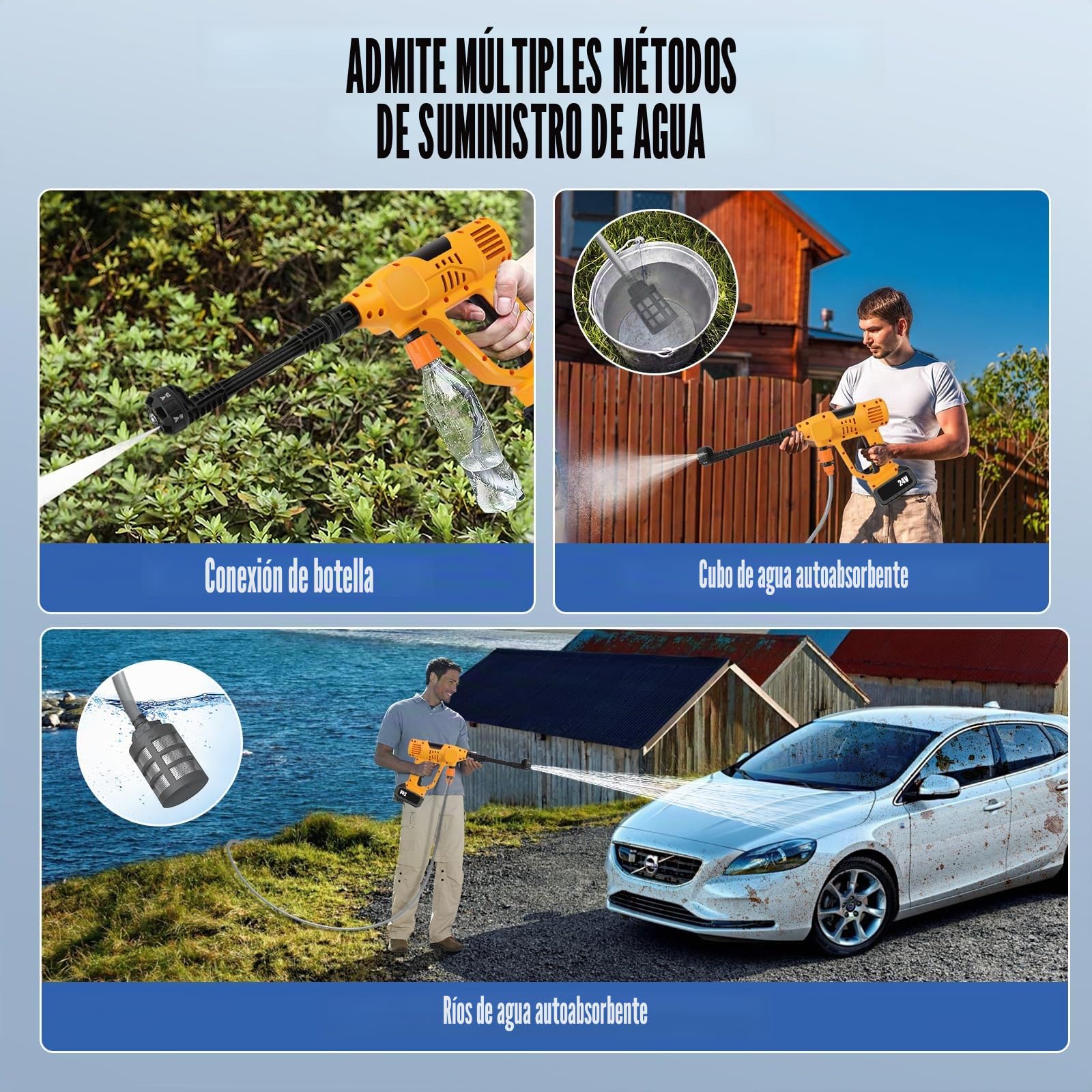 Hidrolimpiadora a Bateria, 65Bar Hidrolimpiadora de Alta Presion Portátil, Pistola de Agua Alta Presión con 2 Baterías, Boquilla 6 en 1, 10 Niveles de Presión, Limpiadoras a Presión para Jardín, Coche