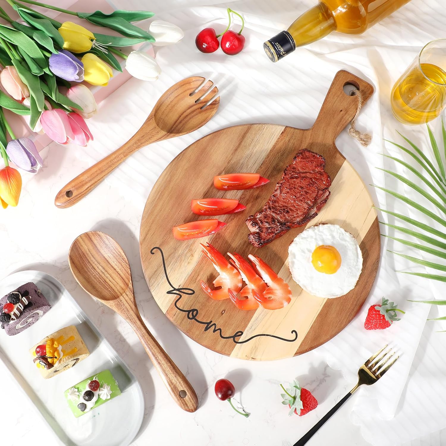 Patelai Cutting Board Gift Housewarming Cutting Board with Spoon Fork and Ribbon Charcuterie Boards Wooden Serving Tray for Cheese Fruit Bread Salad Vegetables Snack Dessert - Image 5
