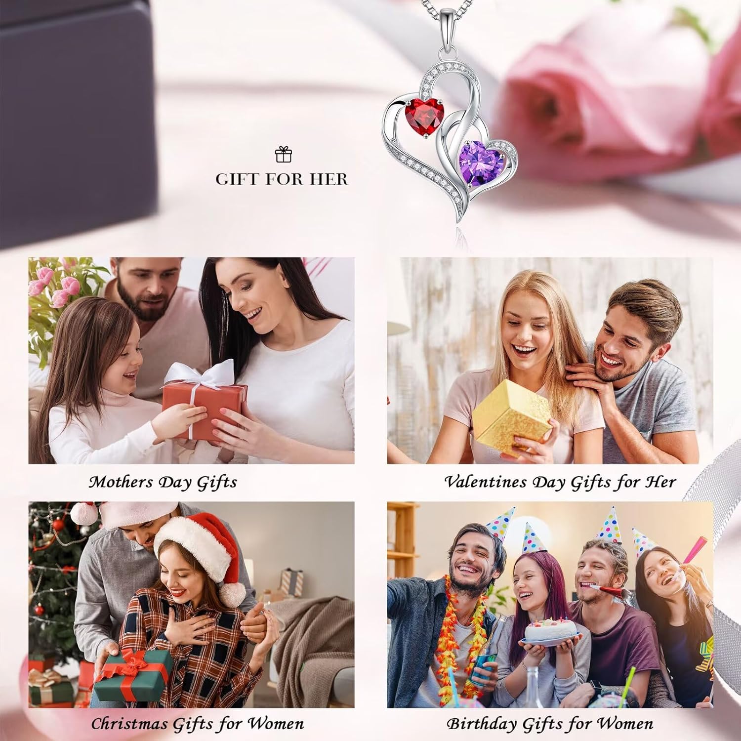 Iefil Birthstone Necklace for Women - 925 Sterling Silver Double Birthstone Heart Necklace | Anniversary Birthday Gifts for Women | Personalized Gifts | Jewelry Gifts for Wife Mom Girlfriend - Image 7