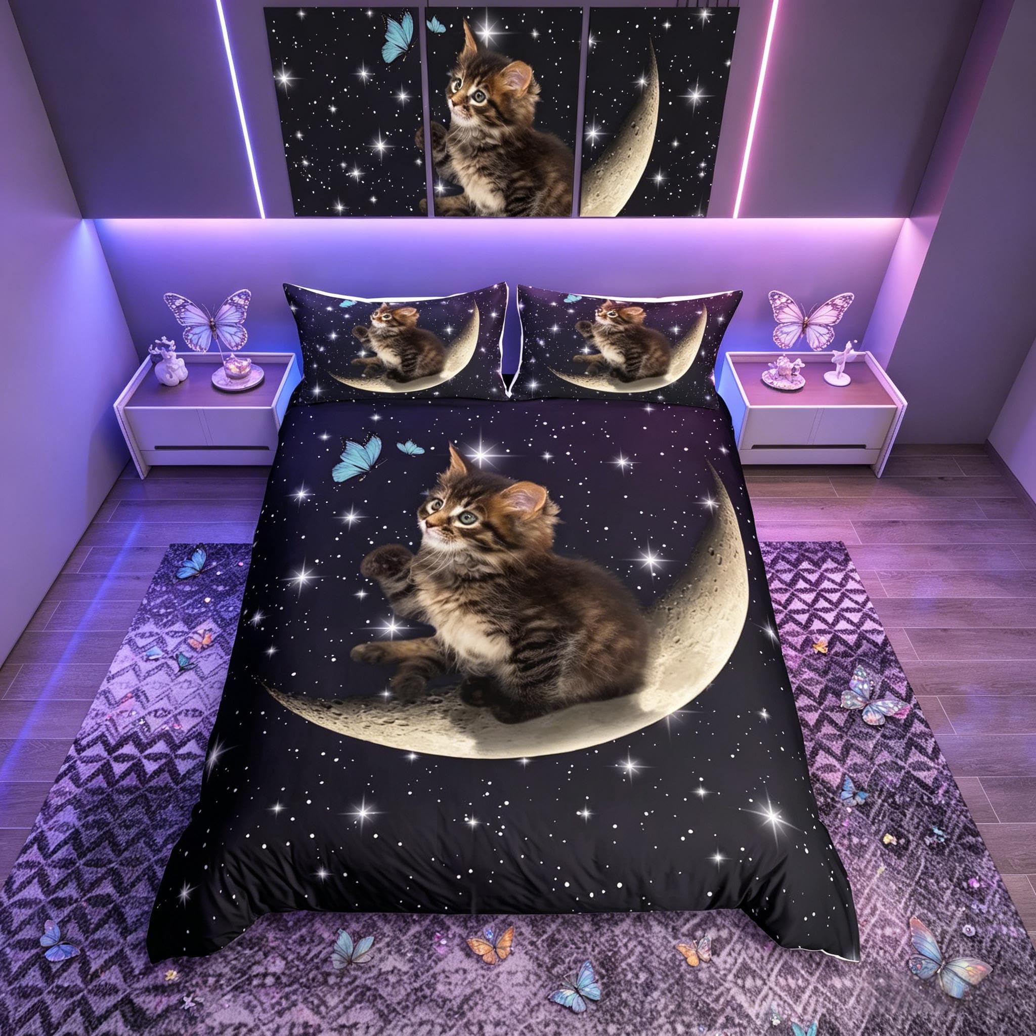 Loussiesd Kids Cat Duvet Cover Set Cute Pet Cats Stars Butterfly Bedding Set for Children Boys Girls Galaxy Comforter Cover Brown Cat Lover's Decor Quilt Cover 2Pcs Bedding Single — image 1