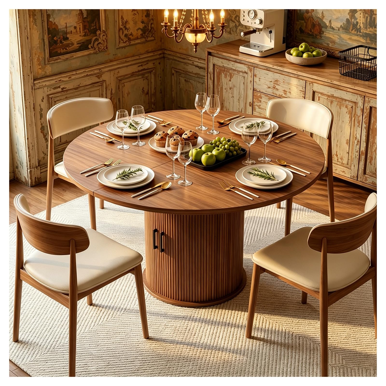 Table salle à manger extensible ronde 4-6 places en noyer avec rangement
