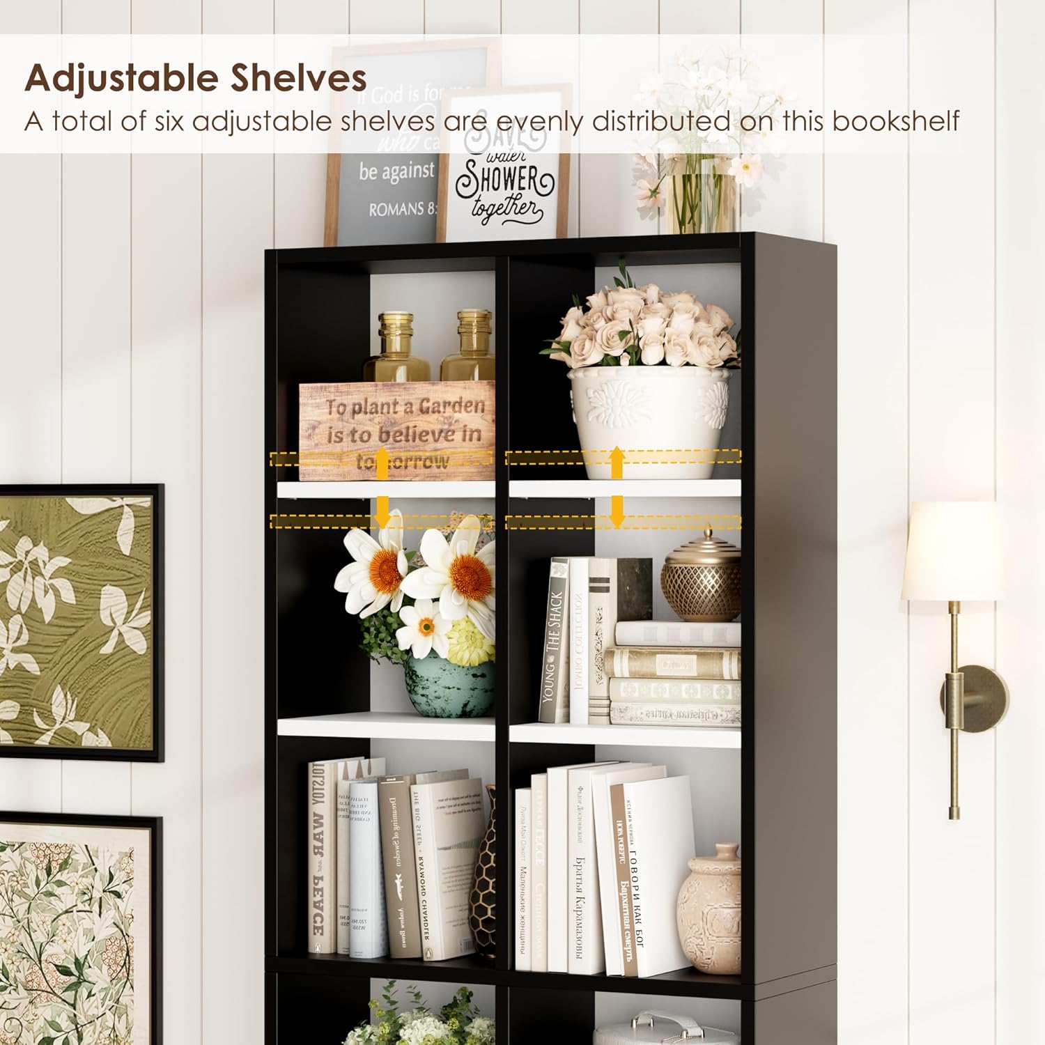 FOTOSOK 71'' Tall Bookshelf, Double Wide Media Tower Rack CD DVD Rack Display Cabinet with Adjustable Shelves, Tall Narrow Bookcase Bookshelf for Home Office, White/Black