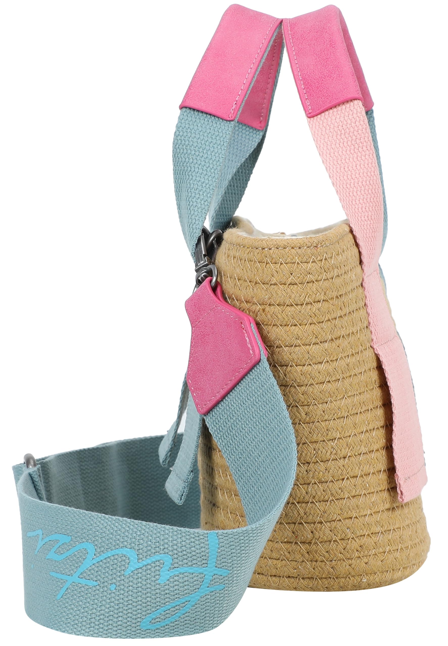 Fritzi Happy Summer Cross Umhängetasche Strohtasche Damen Crossbody Handtasche Festival Beach vegan Stroh-Optik 11 x 20 x 7 cm – Beige-Pink, Blue, Mint, Orange