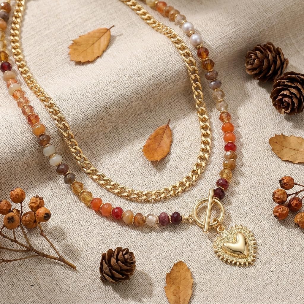 Sonateomber Chunky Gold Layered Beaded Pendant Necklace for Women, Trendy Statement Resin Acrylic Bead Chain Choker Necklaces Summer Beach Prom Fashion Accessories Jewelry Gift