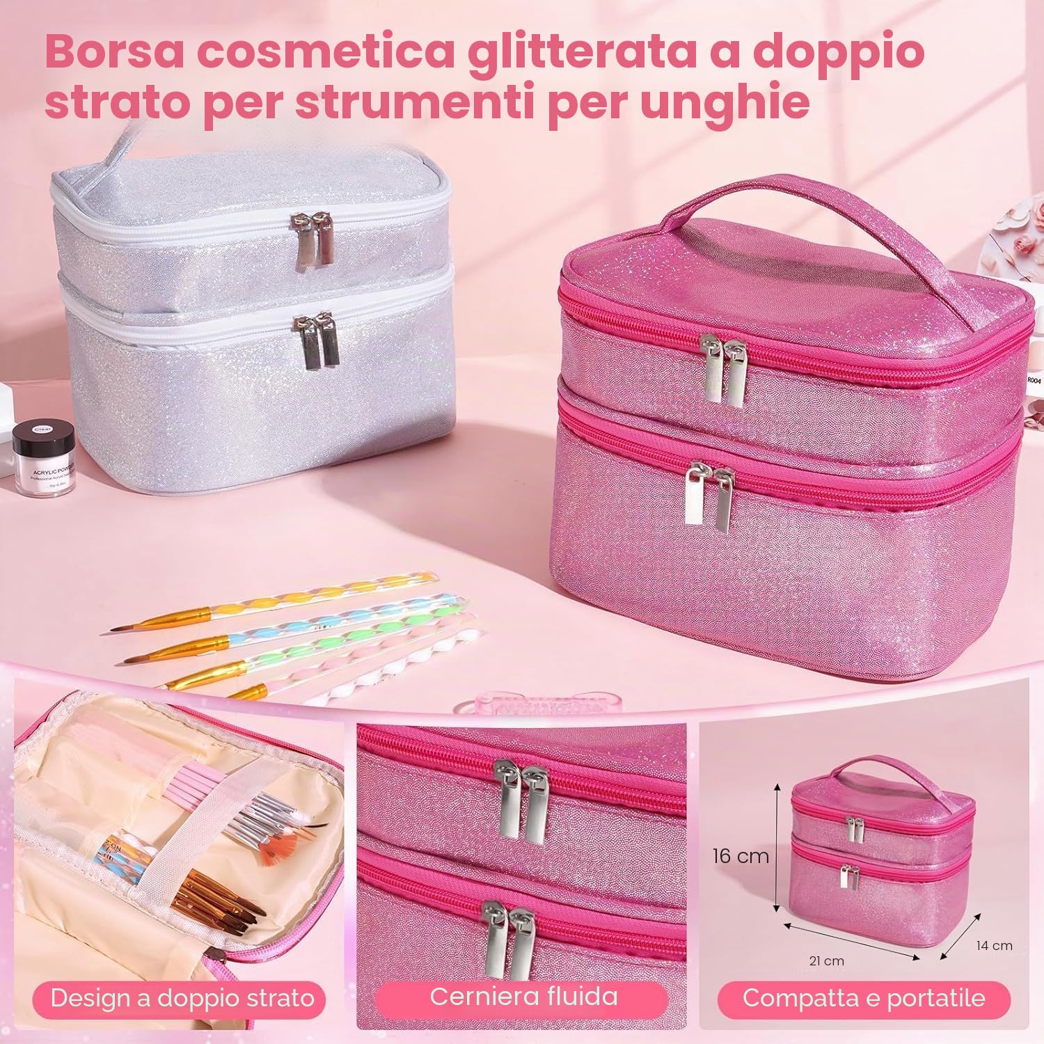Deciniee Kit per unghie in acrilico: set in polvere acrilica con lampada UV, trapano elettrico per unghie, punte finte, 6 colori di polvere + gel monomero, set per nail art, borsa regalo rosa da donna