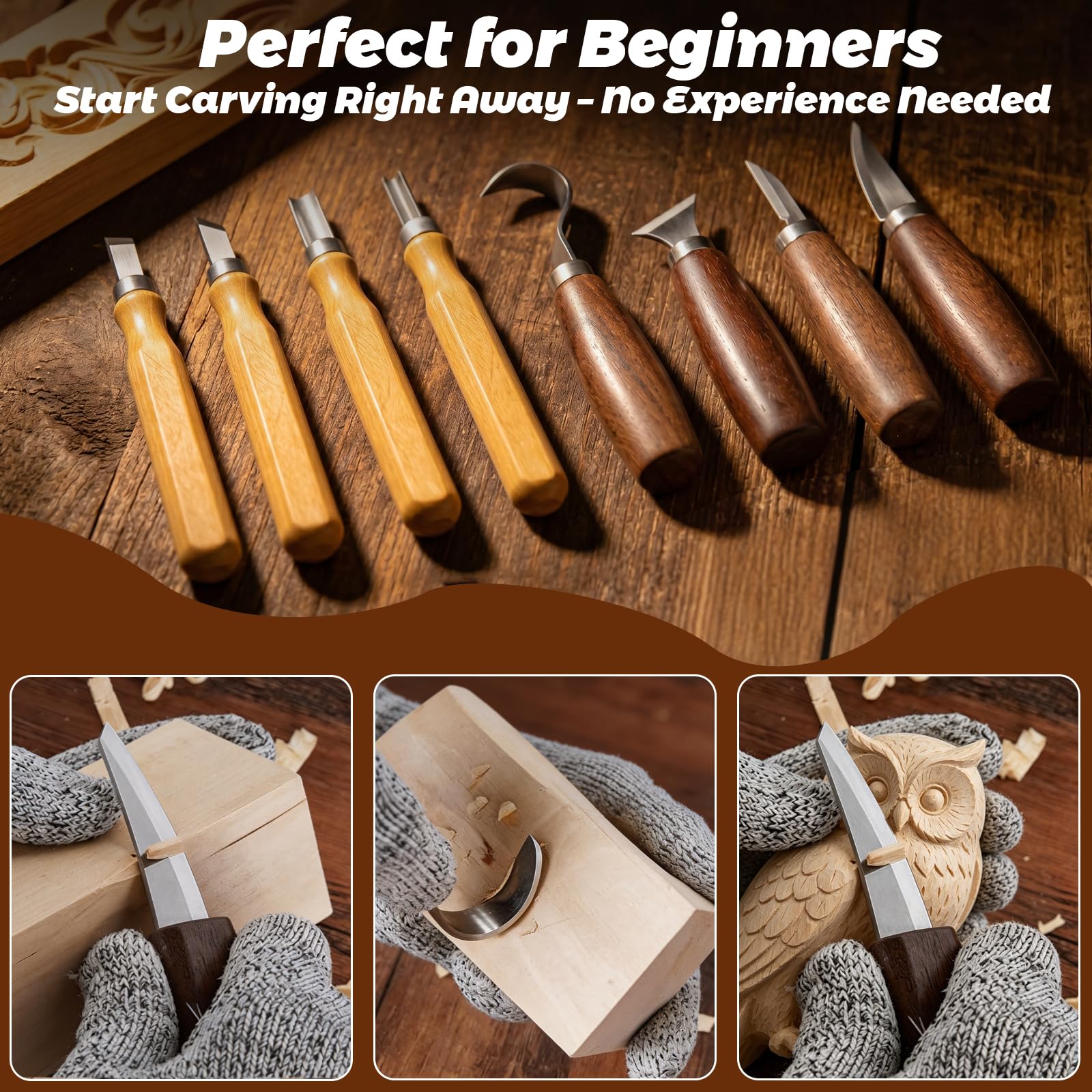 HA BIN Kit de Sculpture sur Bois 25 pièces, Set Complet pour Débutants avec Couteaux de Sculpture, Pierre à Aiguiser, Gants, Bloc de Bois de Tilleul & Sac de Rangement, Kit pour Adultes