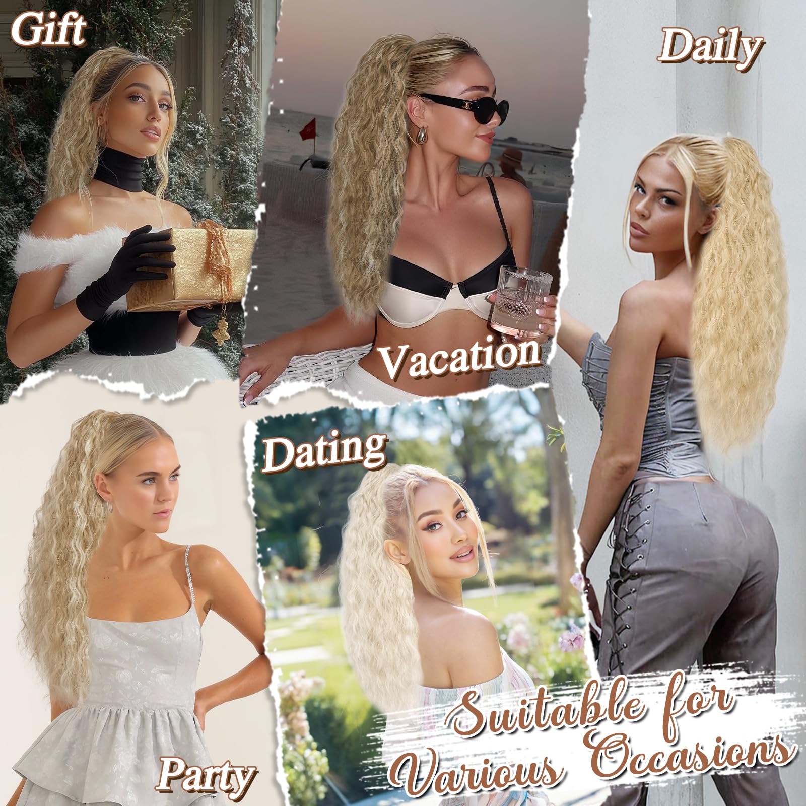 BARSDAR Blond Pferdeschwanz Haarteil, 56cm Lockige Wellige Pferdeschwanz Verlängerung mit Kordelzug Synthetik Comb Clip in Ponytail Extension Haarteil für Frauen - Platinblond Gemischt