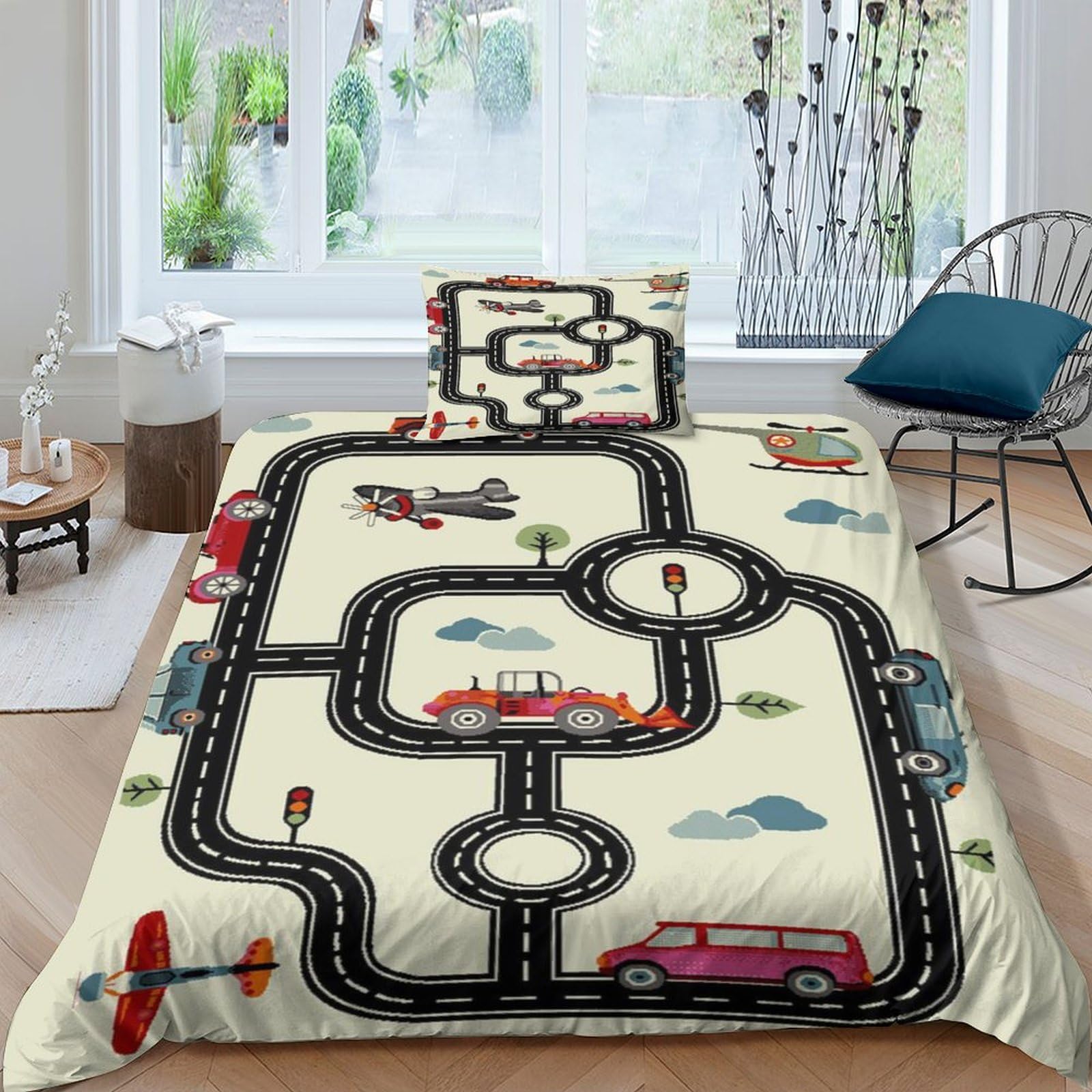Parure de lit route avec housse de couette en microfibre 135x200cm pour enfant