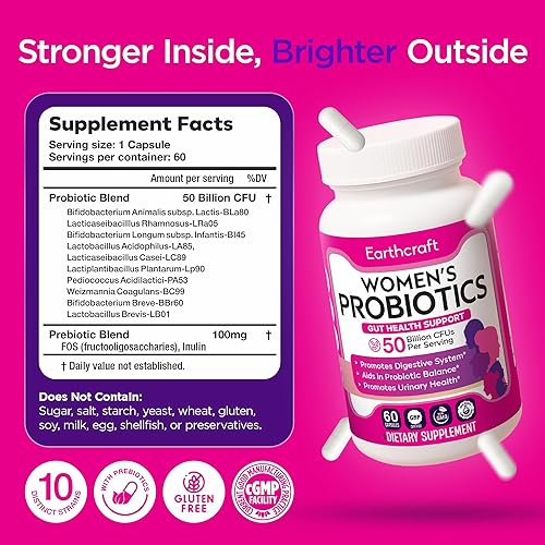 Miniatura 7 de Probióticos para mujeres, 50 mil millones de UFC, 10 cepas + prebióticos para la salud vaginal, digestiva, intestinal, equilibrio del pH y salud