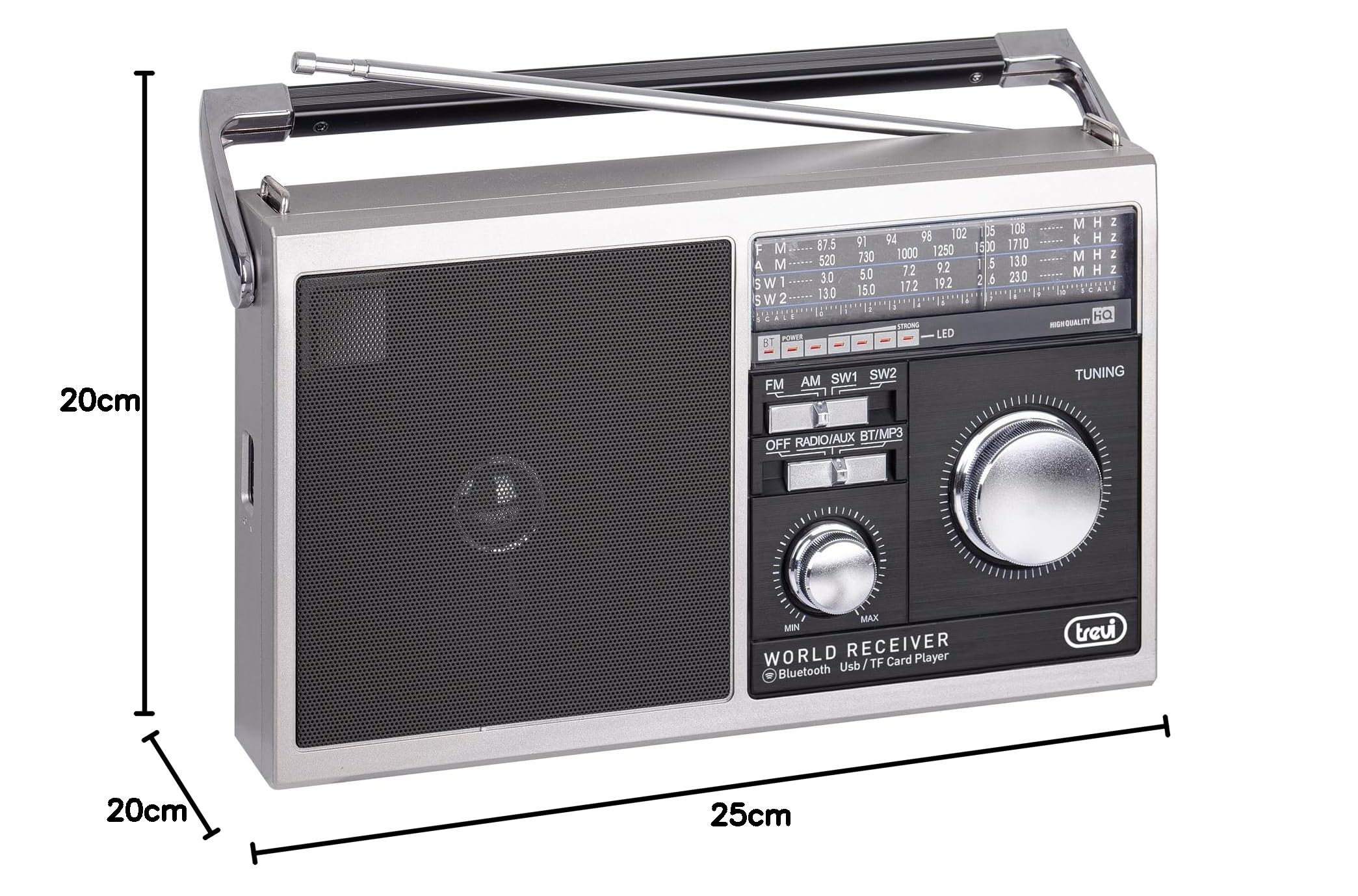 Trevi MB 749 W Radio portátil FM/AM/SW1/SW2, Gris | Audio Wireless v5.0, Reproductor MP3 de USB