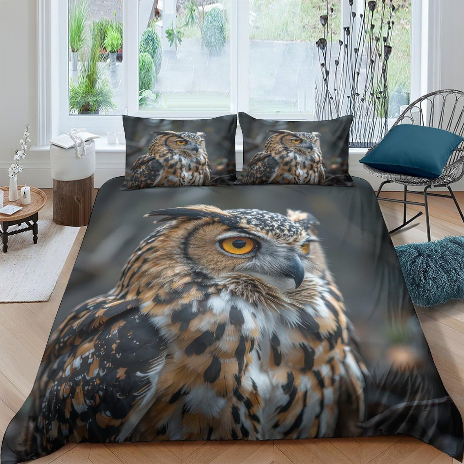 GPLZQXKJNH 3D Printed Owl Forest Duvet Cover Set Microfiber Soft Breathable Nature Bedding Set with 2 Pillowcases for Bedroom Single（135x200cm）