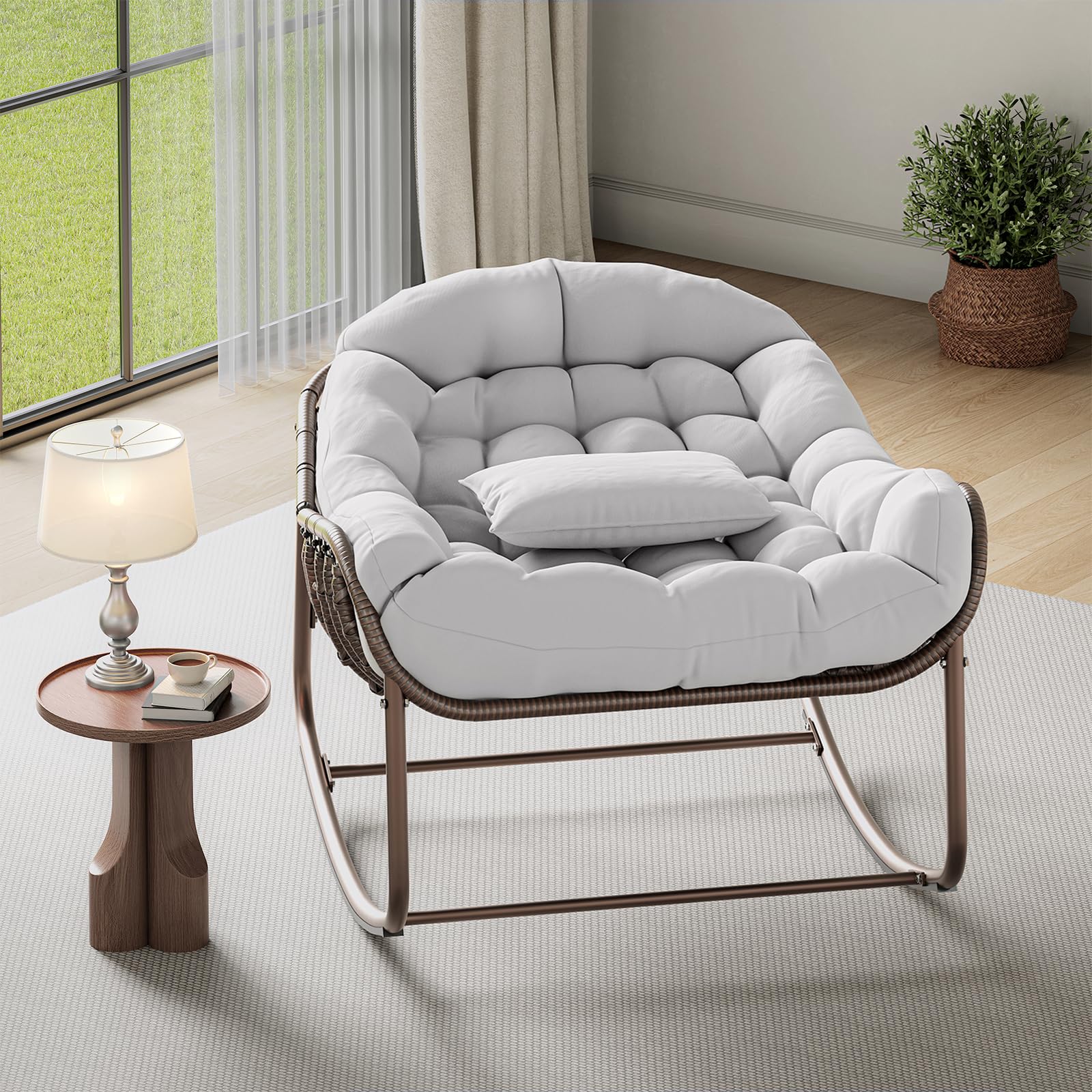 Fauteuil à Bascule Papasan d’extérieur XXL, Chaise œuf en résine tressée avec Coussin épais, Structure métal avec Base en Bois – pour Patio, Jardin, Balcon, Porche – Marron + Tissu écru –