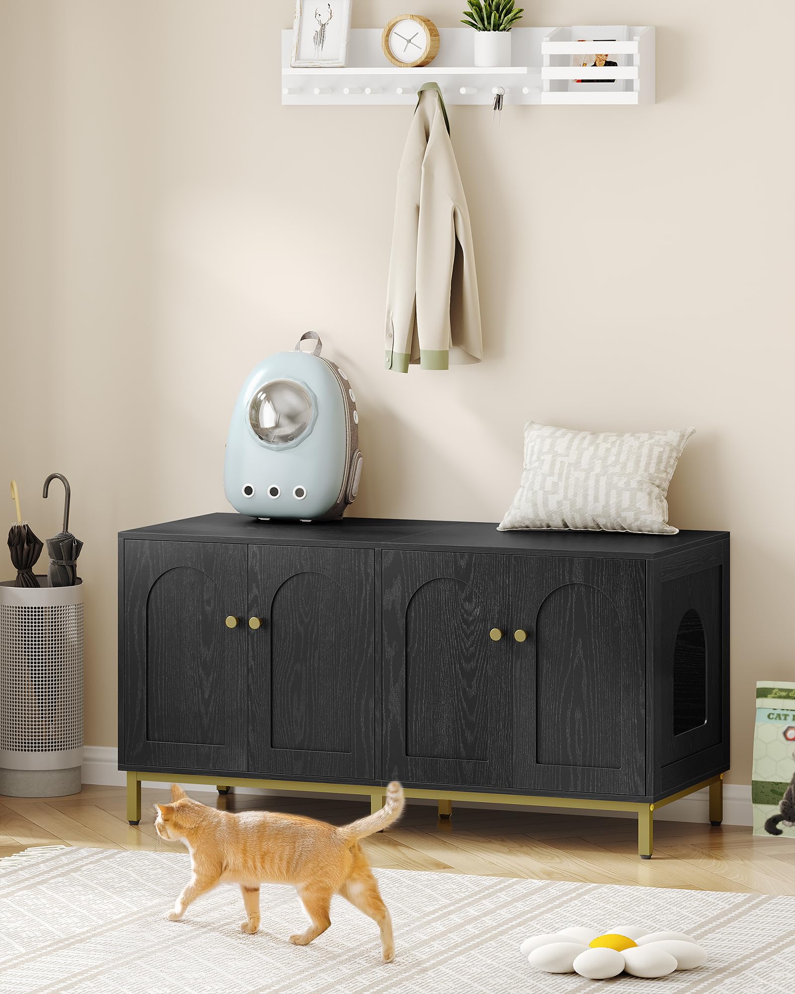 Hzuaneri Maison de Toilette Chat pour 2 Chats, Meuble de Litière Caché de 119cm, Banc de Rangement, Convient à la Plupart des Litières por, Noir et Or CB82304A