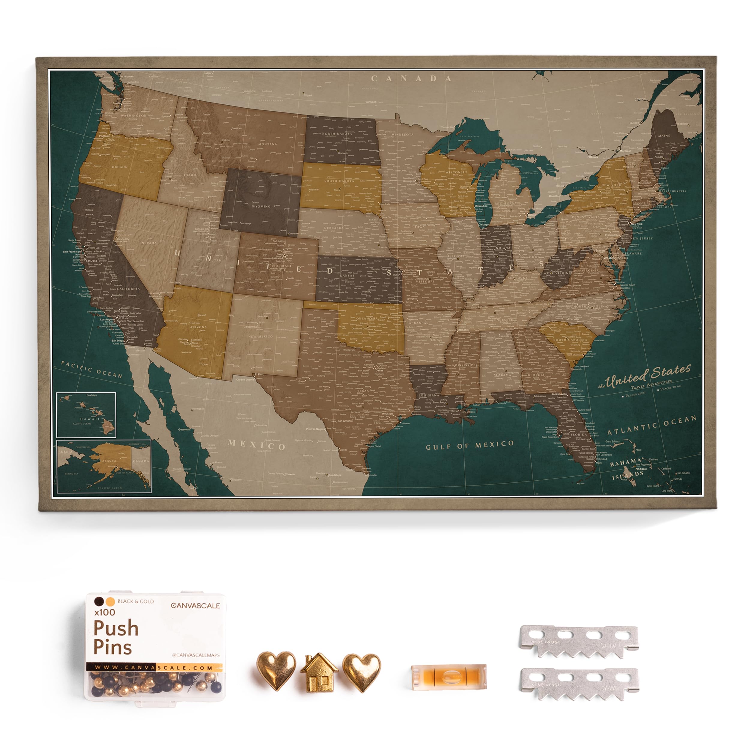 USA Map Canvas Wall Art with Cork Pin Board – Decorative Push Pin Travel Map for Home, Office, Living Room, Bedroom (120x80cm - Pattern 04)