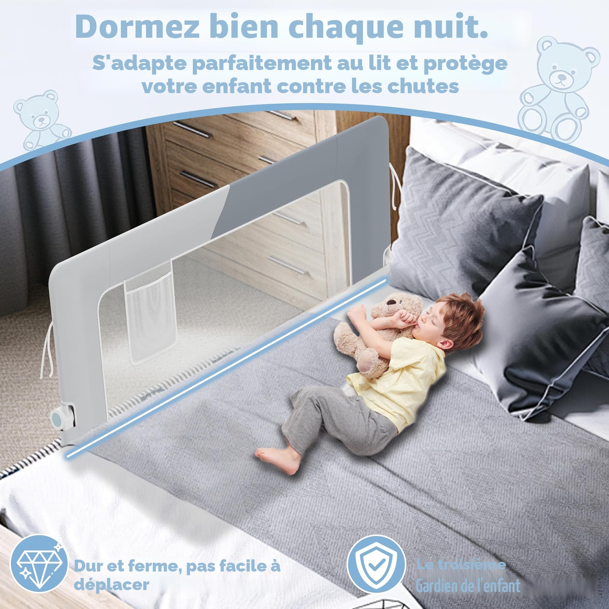 Barrière de lit rabattable protection anti-chute pour enfant 150 cm Gris foncé Gris clair