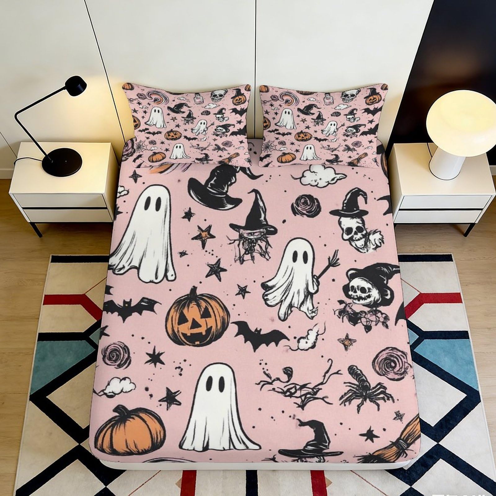 Jqzkxnhpbr Style-2 3D Printed Halloween Ghost Fitted Sheet Microfiber Pink Pumpkin Witch Bed Cover For Bedroom Dorm Mattress Protection Decor 90X200x25cm