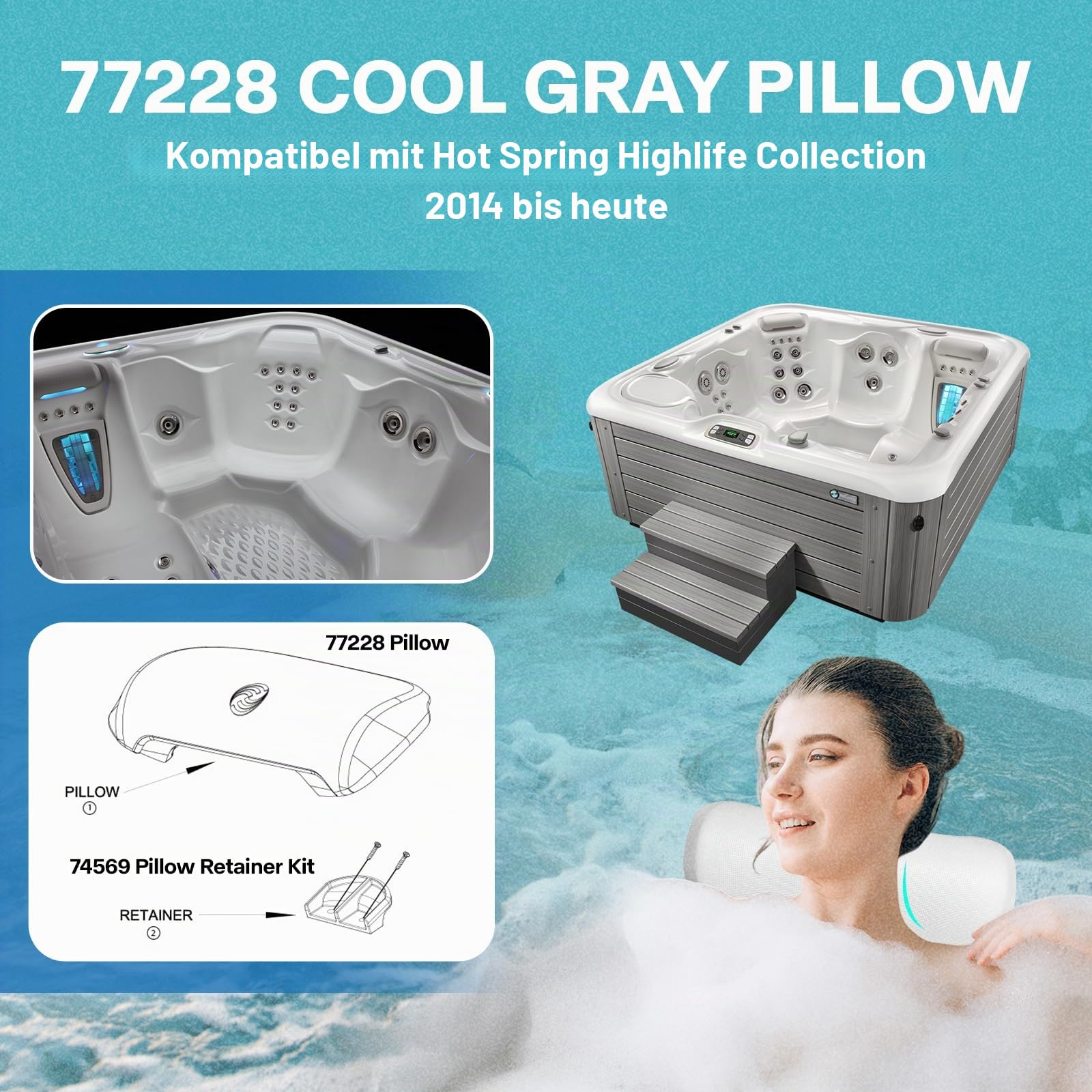 3er Pack 1411501 77228 Spa Nackenkissen für Hot Spring Highlife Serie ab 2014, 35,6 cm L x 14,9 cm B, kühles Grau, Whirlpool-Kopfstützenkissen für Watkins, fünf Jahre kostenloser Ersatz