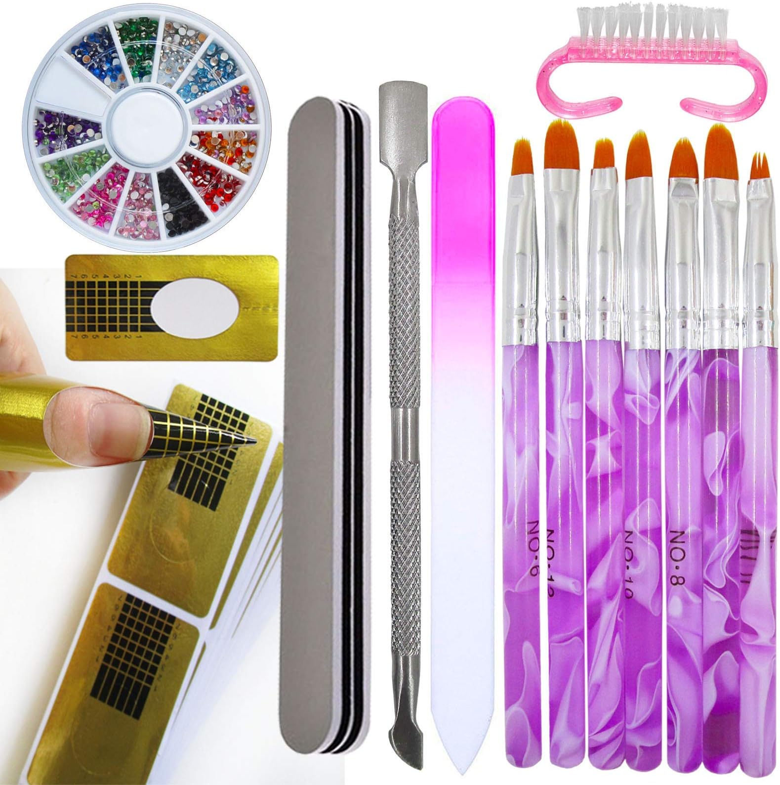 7PC Acrylic Nail Art Tips Builder Painting Brushes Pen Set,1PC Nail File Cuticle Pusher Buffer Block Brush,100Pcs Nail Extension Forms,1 Box Nail Decorations Charms 3 Sheets Nail Stickers (AB003A)