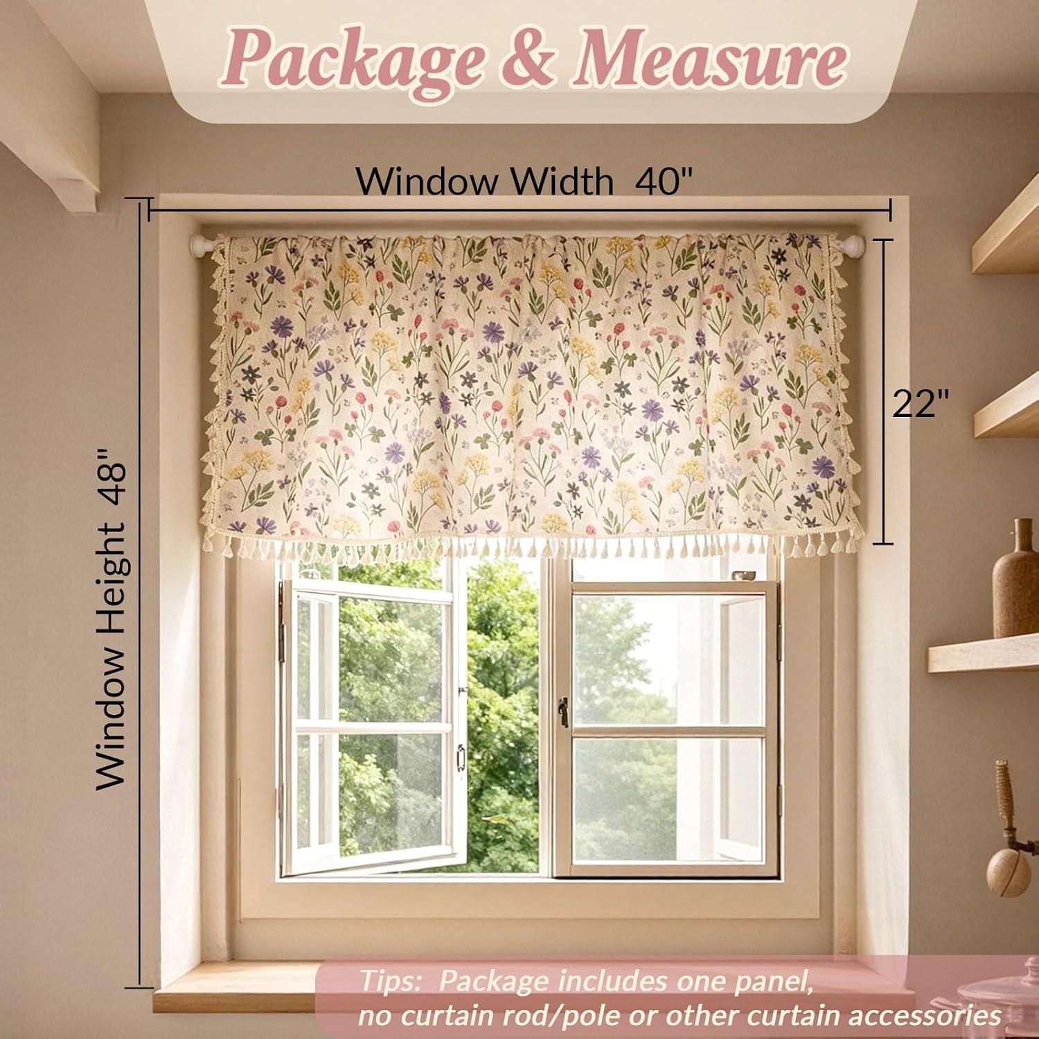 Spring Floral Valance Curtains for Kitchen 22 Inch Length Sheer for Living Room with Rod Pocket Light Filtering Linen Tier Sheer Small Boho Farmhouse Kitchen Curtain Valance, 1 Panel, Multi Color