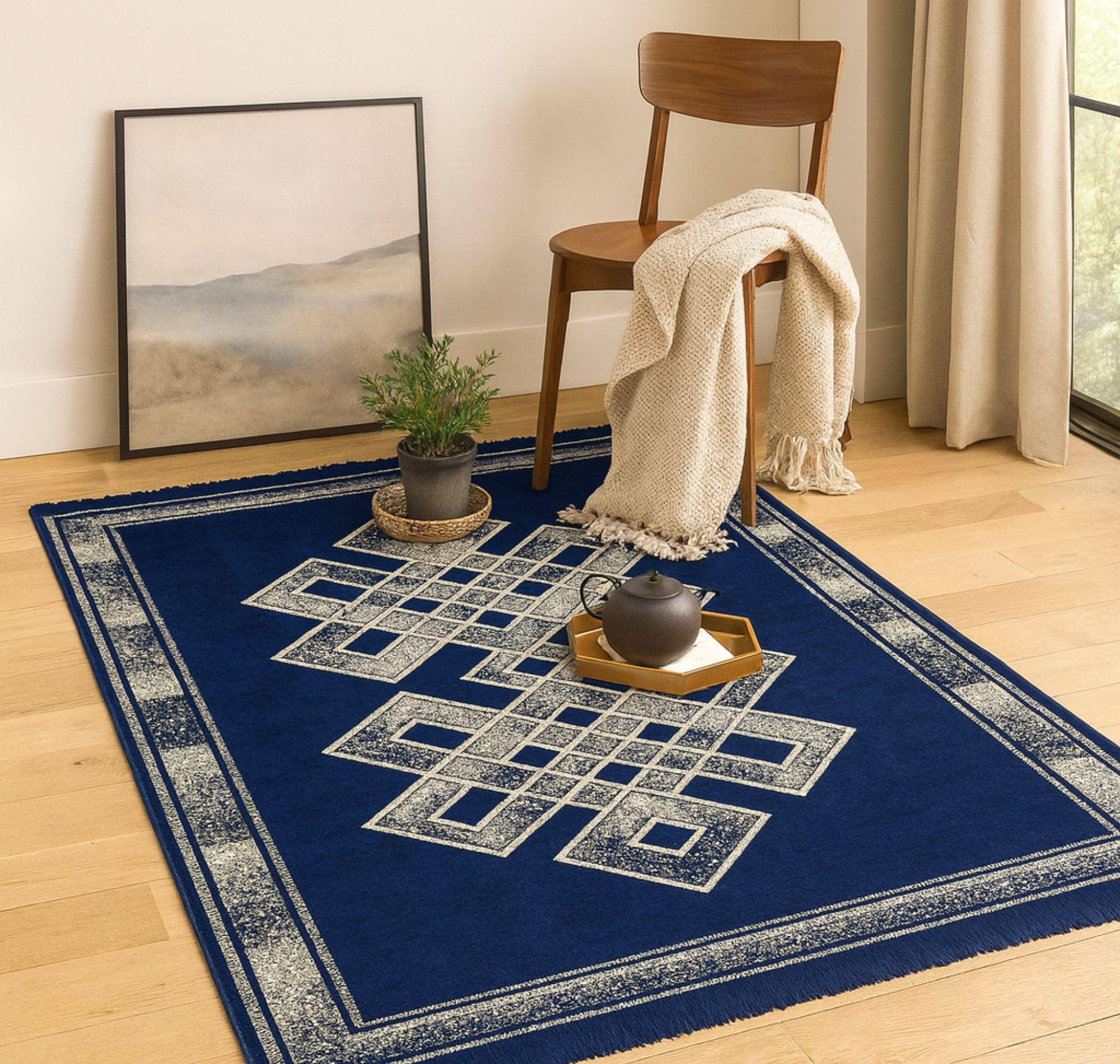 BSB HOME Heavy Fabric Velvet Touch Superfine Chenille Bedroom, Hall, Living Room, Drowing Room, Yoga Hall Carpet |54" Inch X 84" Inch | 5 Feet X 7 Feet I 150 Cm X 210 Cm (Navy Blue), Large Rectangle