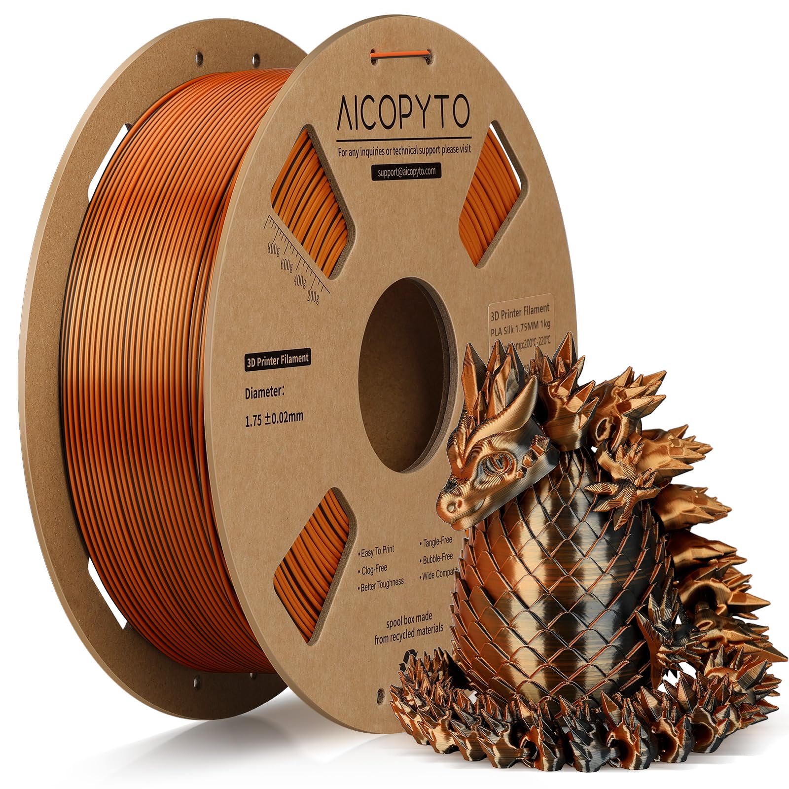 3D Printer Silk PLA Filament 1.75mm, Shiny Dual Color Black Orange, Dimensional Accuracy +/- 0.02 mm, 1KG (2.1lbs)/Spool Easy to Print for Most FDM 3D Printers
