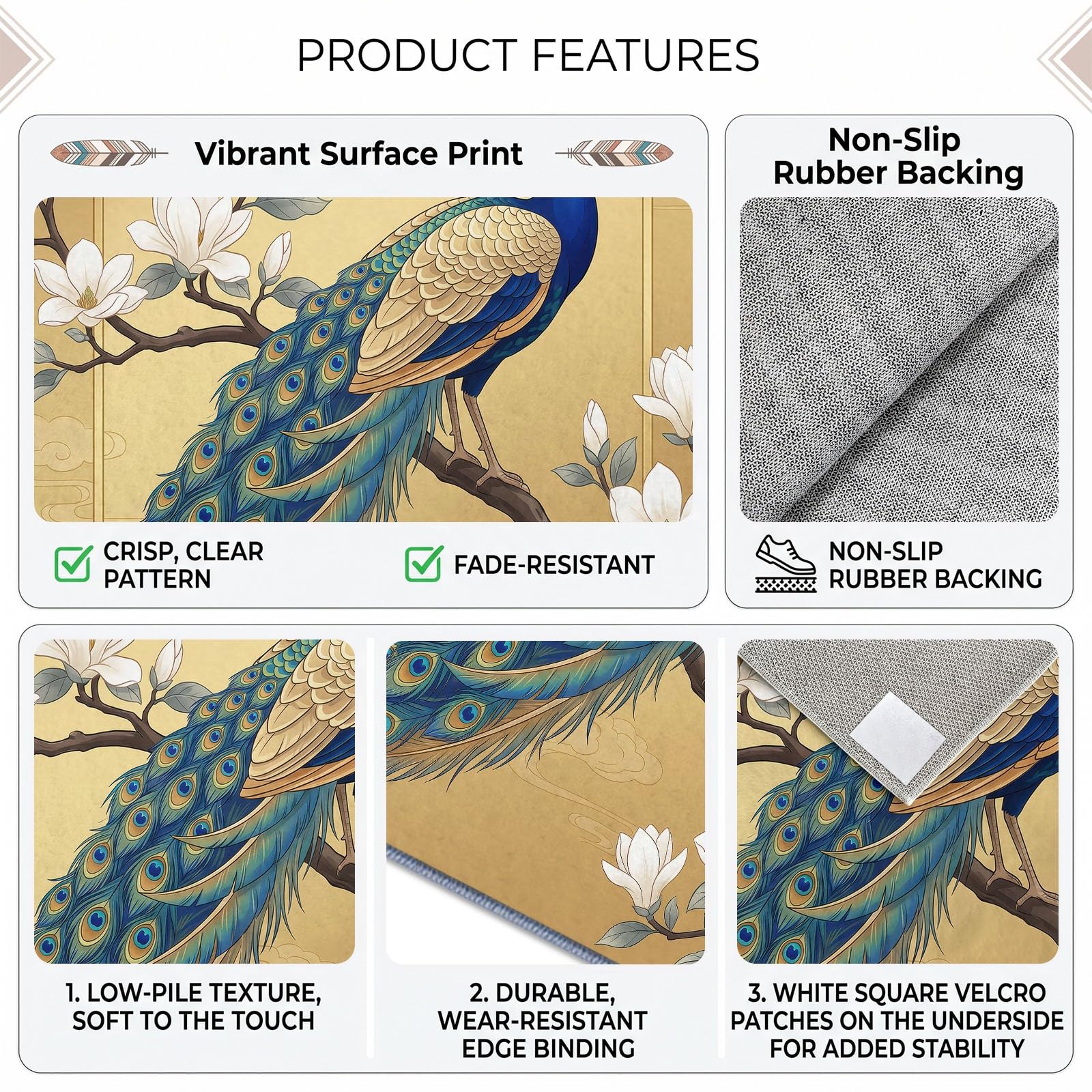 Tapis Salon 180x270cm Paon Style Chinois Lavable en Machine
