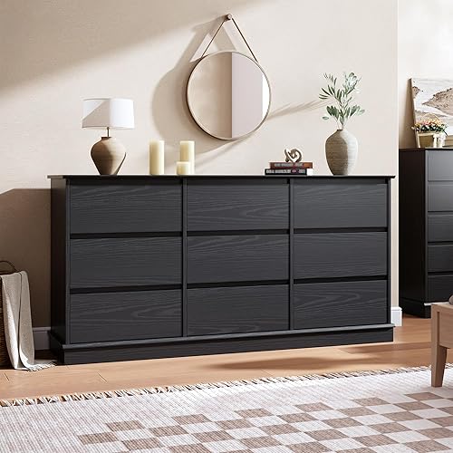 GarveeHome 9 Drawer Dressers for Bedroom, Chest of Drawers with Deep Drawers, Large Double Dresser for Closet with Wide Top, Horizontal Wooden Dresser for Living Room, Hallway, Kids Room, Black