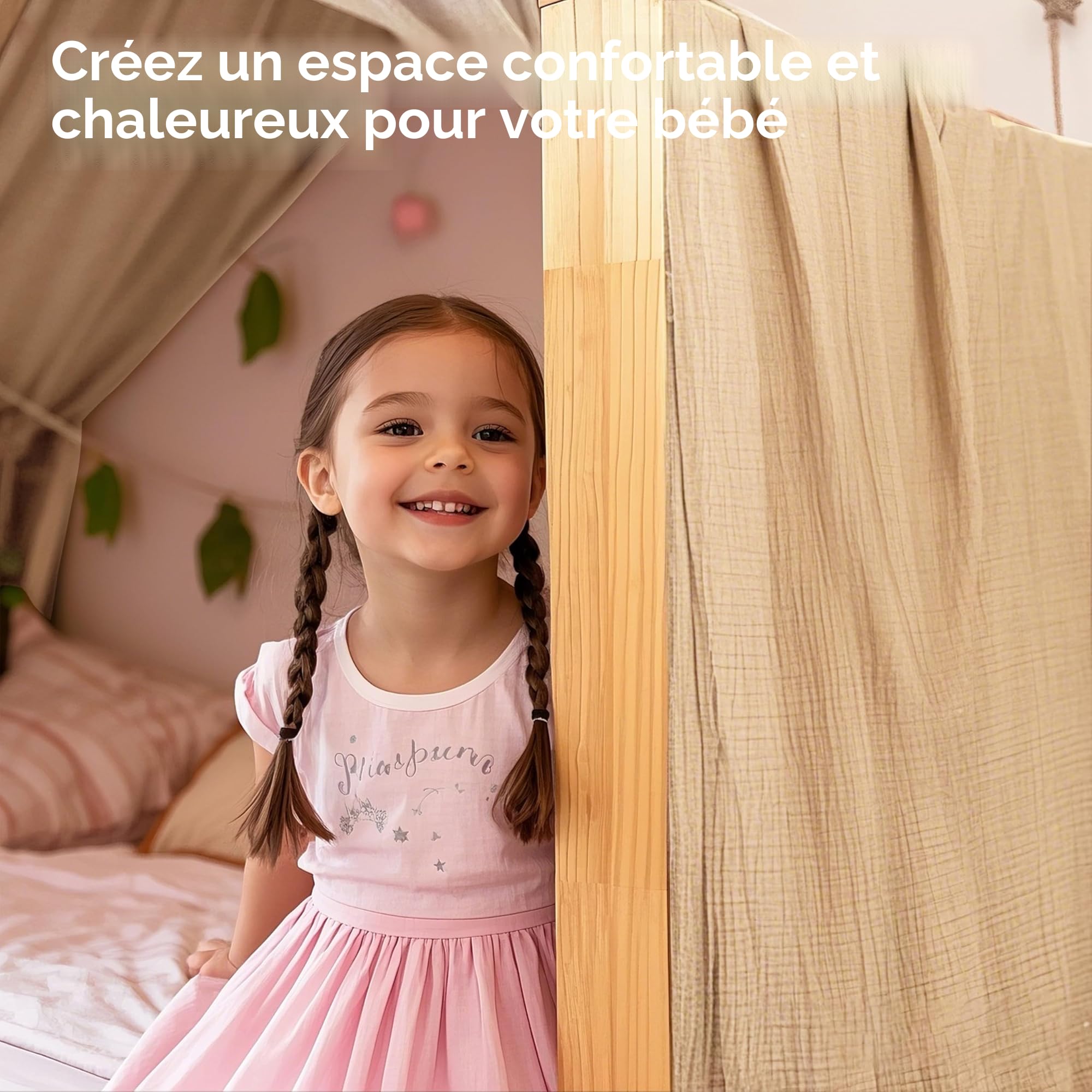 Home Housse de Couette avec Applique Dorée, Fait à la Main en 100% Mousseline de Coton, Ciel en Tissu pour Décoration de Lit Maison, Convient aux Filles Et Garçons (Blanc, 132x420cm)